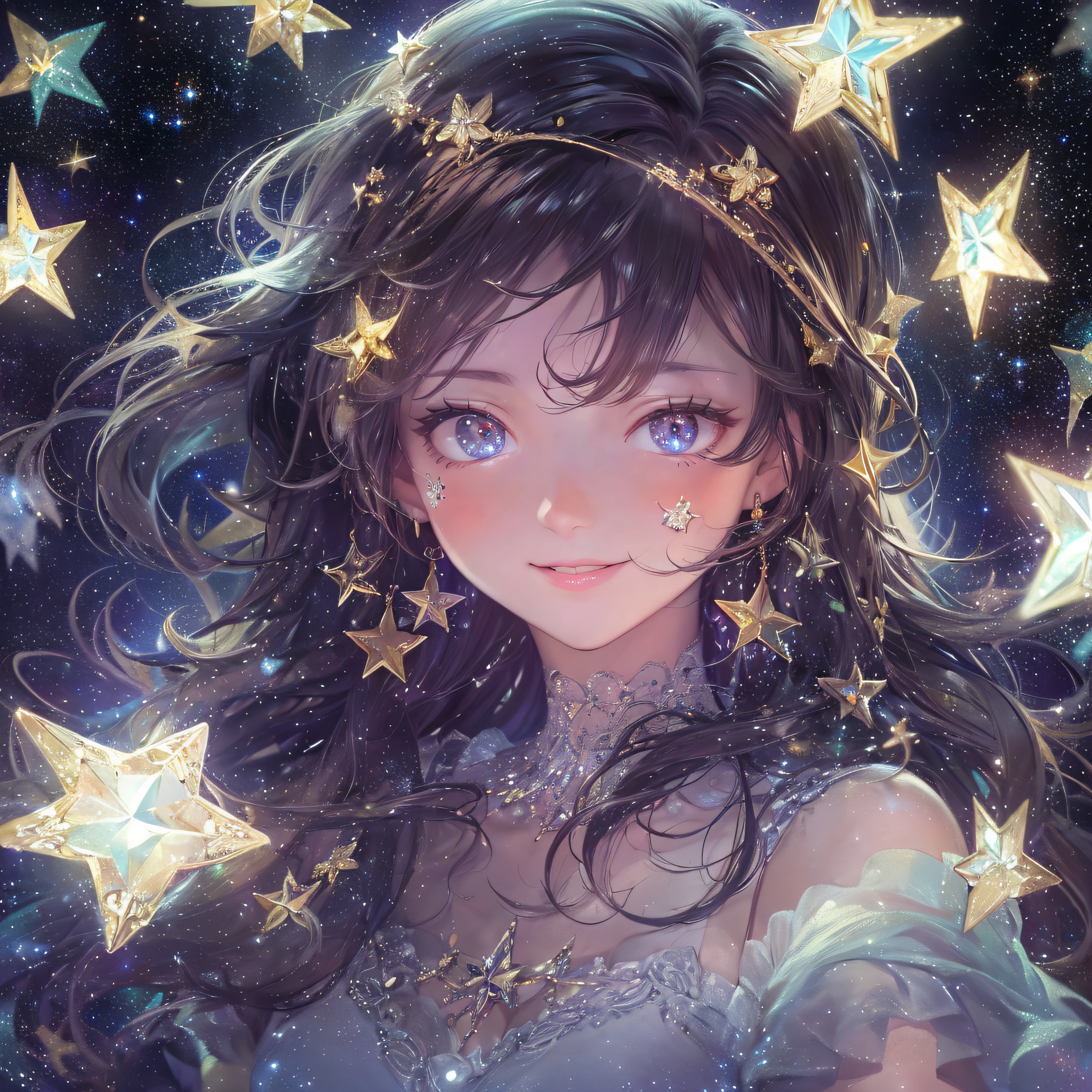 The background is the entire starry sky of the galaxy，Twinkling starlight，Boundless，Fantastic sight。Close up of smiling looking up、looking upwards、(​masterpiece、realisitic、hight resolution)、(1 girl in):1.2)、Do-Up Eye、Korean Girl、(Best Quality), (masutepiece), (1girl in), Solo, Beautiful Girl, Perfect face, dreamlikeart、Highly detailed airbrush art(((Surreal))、intricate detailes、Volumetric lighting、(​masterpiece:1.2)、(top-quality)、The ultra-detailliert、(The composition of the movement:1.4)、Highly detailed colorful details、(Bright lighting、Atmospheric lighting)、Magical、dynamic compositions、Ray traching、The mirror reflects light、Shallow depth of field、ultra-detailliert、mixing  exposure、nffsw、Super masterpiece、Her eyes shine with starlight、Her face is full of anticipation and courage、Her lips are shiny、Smiling and adventurous atmosphere、Starry sky behind、Bring starry light、The starry sky creates a beautiful scenery..。Her courage and determination are condensed.、Eye-catching presence。Her eyes are shining。shooting stars、shooting stars、