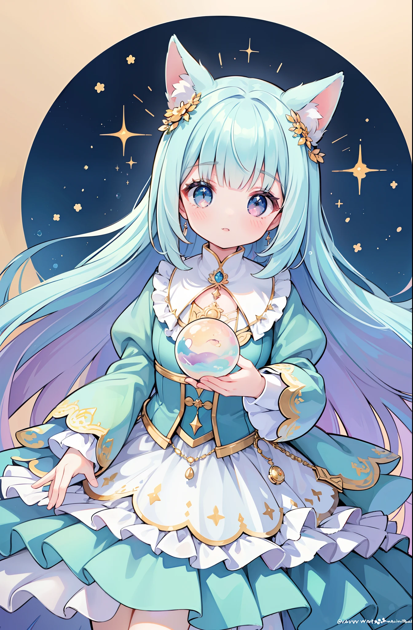 masterpiece, best quality, 8k resolution, sharp focus, intricate detail, beautiful girl, sparkling eyes, golden ratio face, otherworldly liquid, watercolor, pastel colors, bright colors, whimsical, colorful, sharp focus, high resolution, fine detail, ((layered tiered puffy long sleeves ballgown)), ((round eyes)), iridescent bubbles, fantasia background