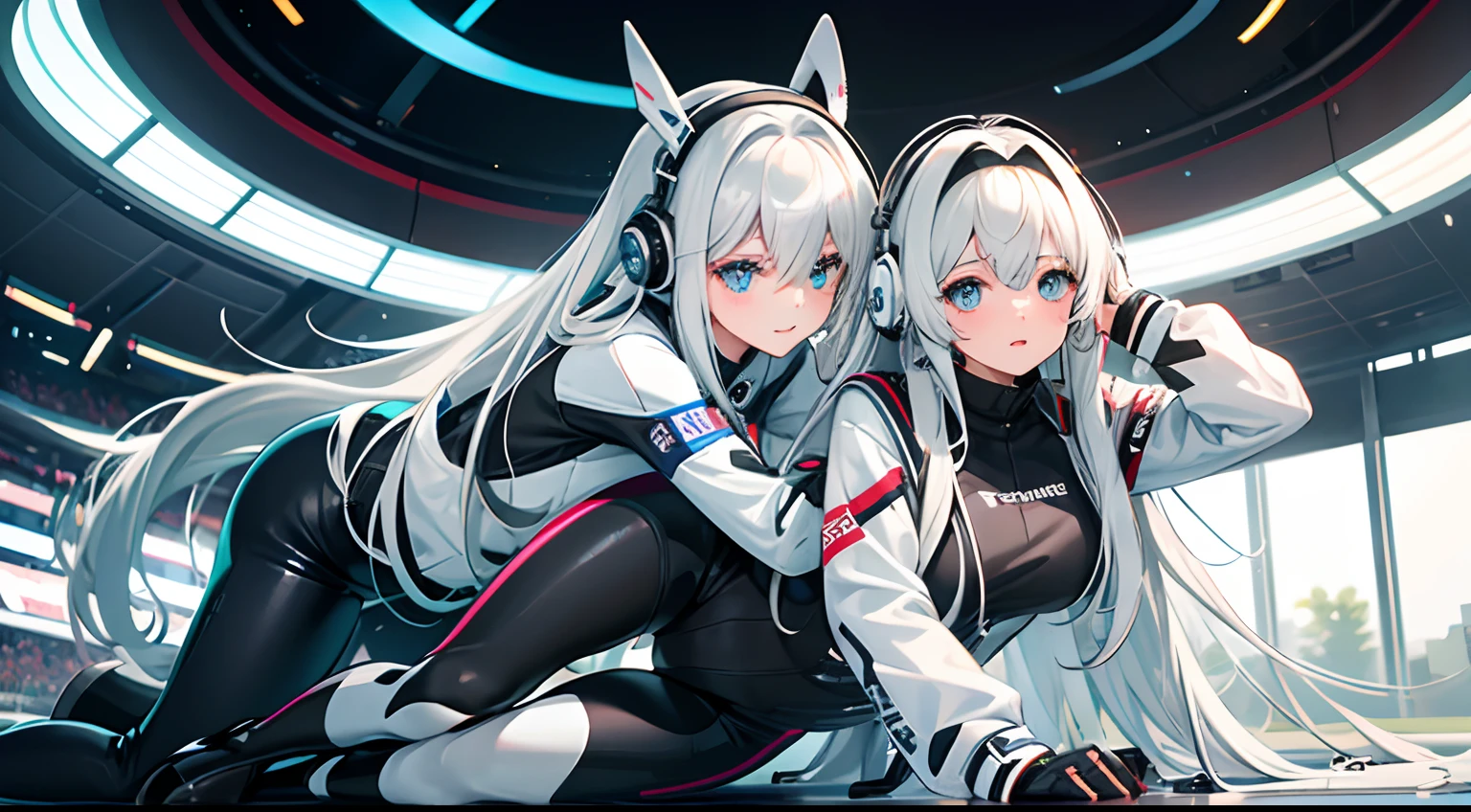 twogirls，Long-haired girl in black sci-fi tights is pressed under her by white-haired long-haired girl in white racing suit，The headphones fell to the side,Embarrassed