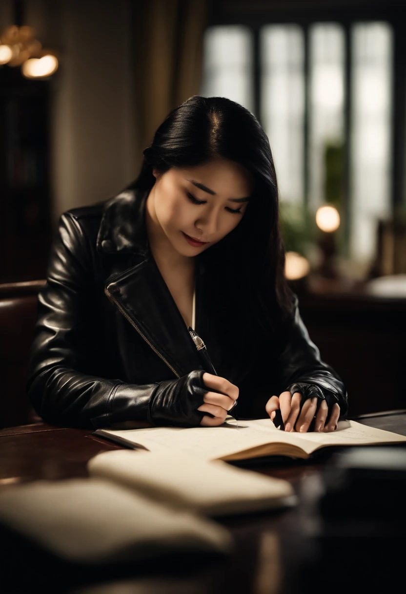 Wearing black leather gloves in both hands, upper body, black leather rider jacket, facing the desk in the study in the dark, looking down, smiling, writing a letter using a fountain pen, long, straight black hair, young Japanese woman (black leather gloves cover both hands)