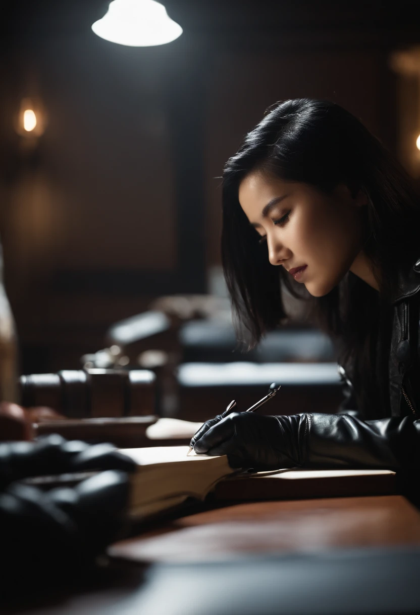 Wearing black leather gloves in both hands, upper body, black leather rider jacket, facing the desk in the study in the dark, looking down, smiling, writing a letter using a fountain pen, long, straight black hair, young Japanese woman (black leather gloves cover both hands)