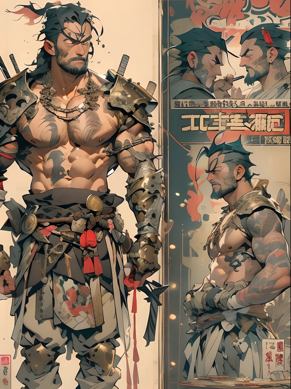(((mtu))), (((best qualityer))), (((tmasterpiece))), (((AS-Adult))), ((( Japanese ))), Look up from your knees, Handsome Asian samurai,perfect body figure, Modern samurai, ((( Asian))), Wear gloves on your hands,The left arm is made of steel and metal tips,Made of protective devices, The eyes are pulled, (( Appears below the chest )), (( Small dental floss )), Simon Bisley, Almost naked(Simon Bisley)Castle City Wilderness,For high-resolution posters, hair straight, Minimum clothing, armure (Crazy clothes ), Full of tips and rivets, tribal tattoos, (((full bodyesbian))), Straight brunette hair,Colored hair ends