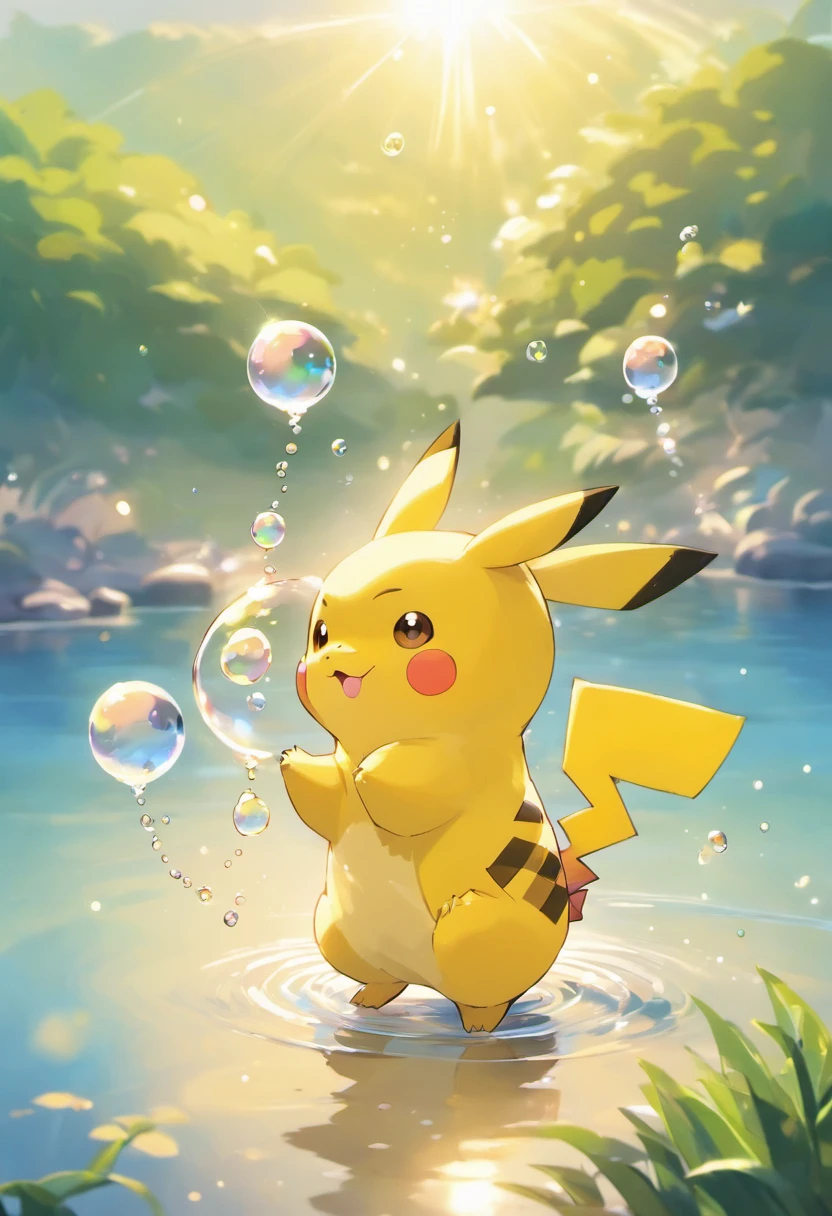 An inspiring scene in ultra-high definition 3D showing Pikachu making a wish on the shore of a tranquil lake. Pikachu, Beautifully rendered down to the smallest detail, Bubbles are seen gently blowing into the air, Each has a hopeful wish. Bubbles capture the reflection of the setting sun, Dreamy creation, magical effect. The overall atmosphere is soft, Full of hope and tranquility