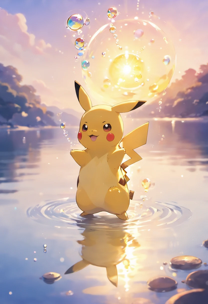 An inspiring scene in ultra-high definition 3D showing Pikachu making a wish on the shore of a tranquil lake. Pikachu, Beautifully rendered down to the smallest detail, Bubbles are seen gently blowing into the air, Each has a hopeful wish. Bubbles capture the reflection of the setting sun, Dreamy creation, magical effect. The overall atmosphere is soft, Full of hope and tranquility