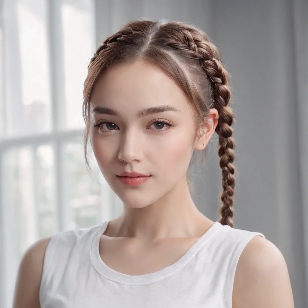 (Photo: 1.3) af (Reality: 1.4), (((White T-shirt))), (Lady with braids), super high resolution, (Reality: 1.4), 1 girl, female avatar, soft light , short hair, facial focus, cheerful, young, confident, ((gray background)), (((monochrome background))), high definition, details, slightly looking up, perfect picture, movie quality, ultra high definition, female avatar, beautiful Girl, young and beautiful, delicate face, elegant and luxurious