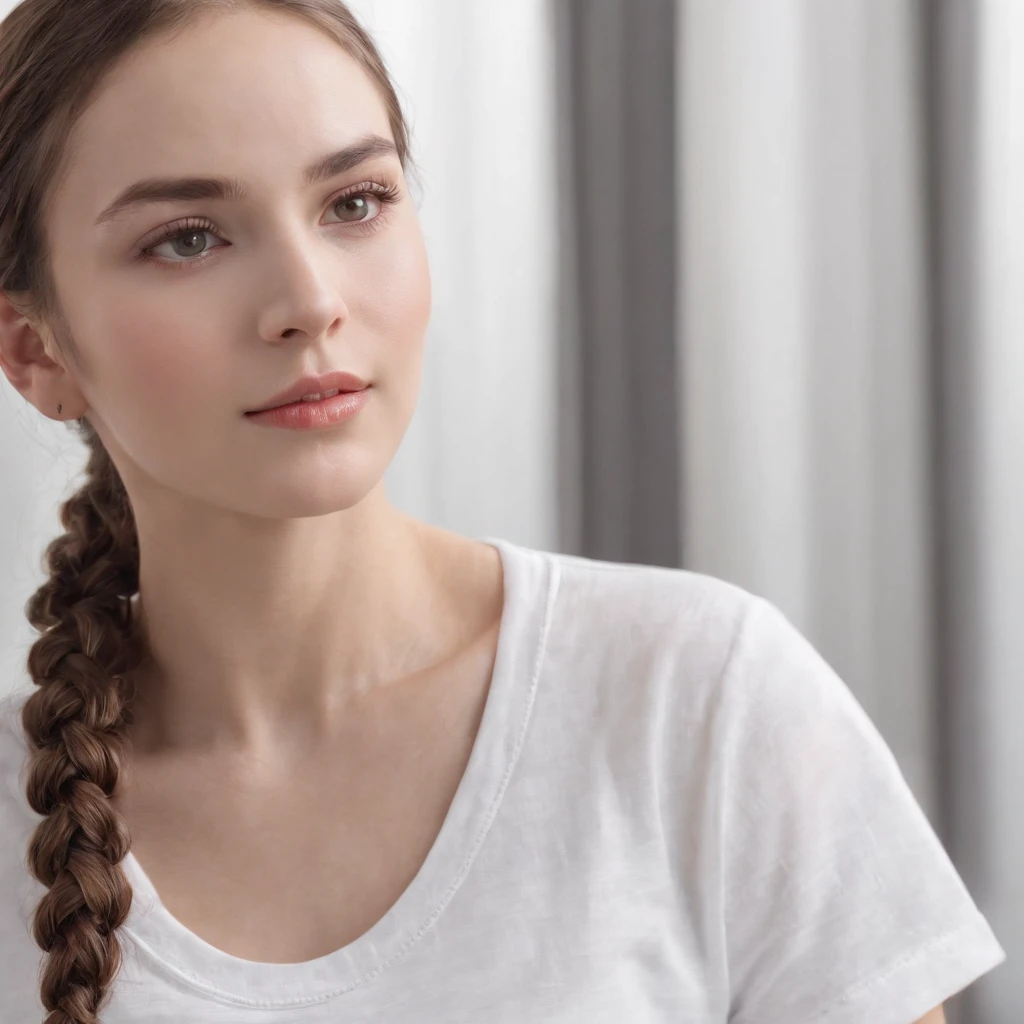(Photo: 1.3) af (Reality: 1.4), (((White T-shirt))), (Lady with braids), super high resolution, (Reality: 1.4), 1 girl, female avatar, soft light , short hair, facial focus, cheerful, young, confident, ((gray background)), (((monochrome background))), high definition, details, slightly looking up, perfect picture, movie quality, ultra high definition, female avatar, beautiful Girl, young and beautiful, delicate face, elegant and luxurious