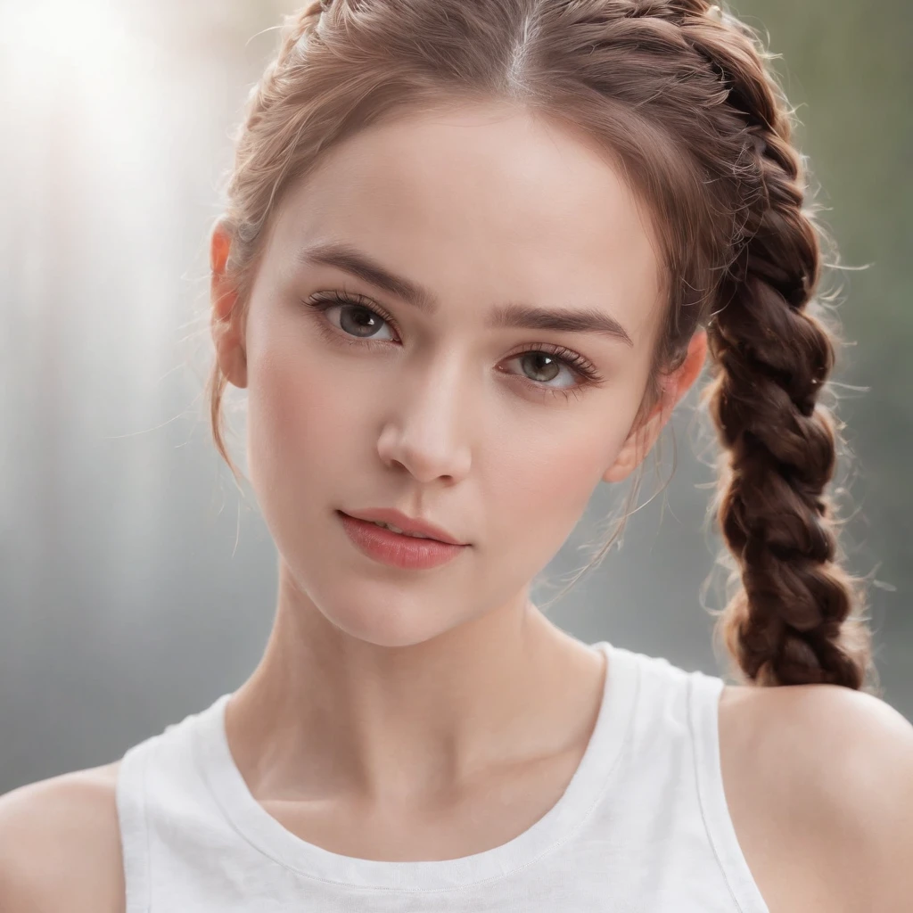 (Photo: 1.3) af (Reality: 1.4), (((White T-shirt))), (Lady with braids), super high resolution, (Reality: 1.4), 1 girl, female avatar, soft light , short hair, facial focus, cheerful, young, confident, ((gray background)), (((monochrome background))), high definition, details, slightly looking up, perfect picture, movie quality, ultra high definition, female avatar, beautiful Girl, young and beautiful, delicate face, elegant and luxurious