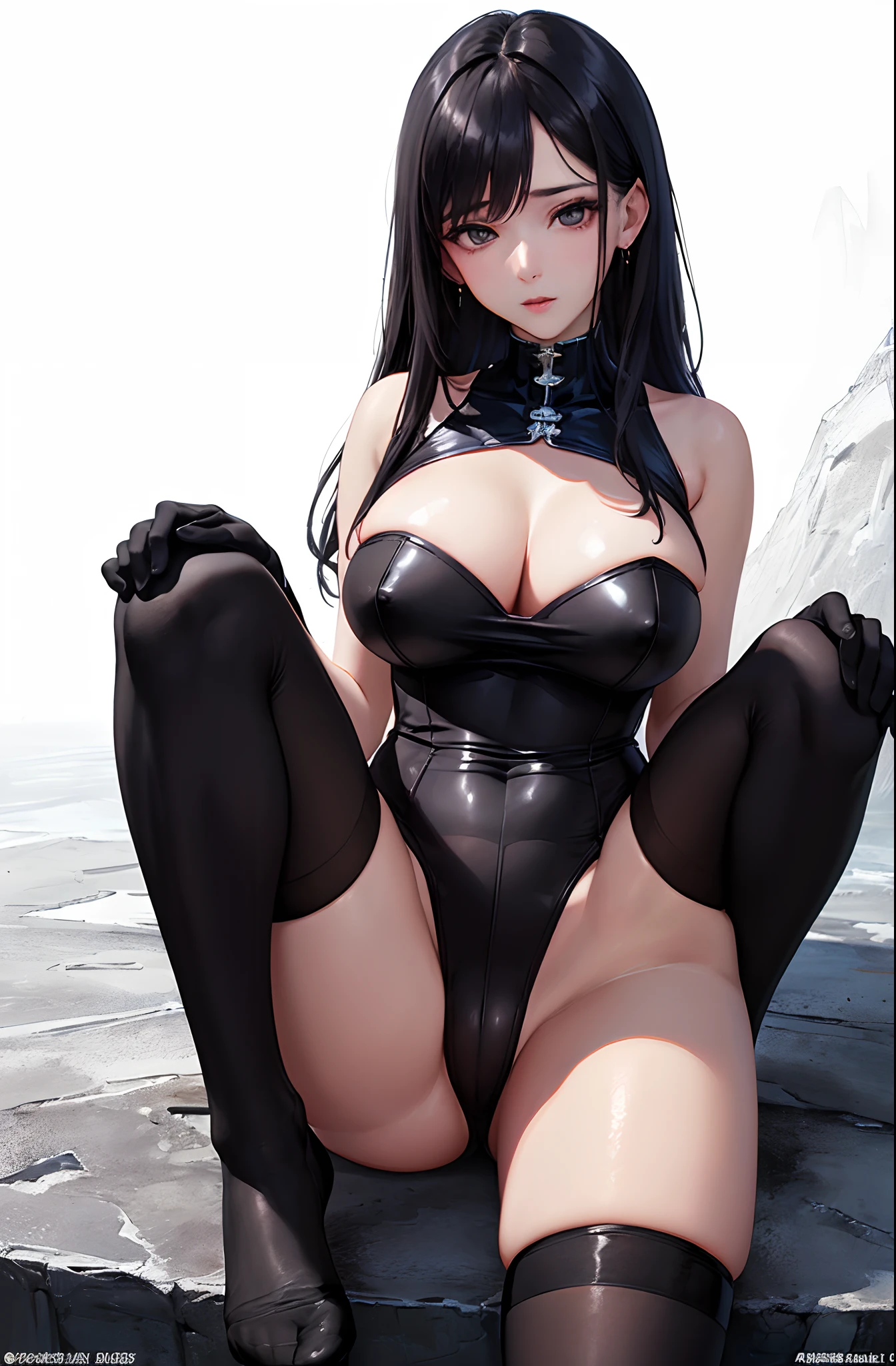 (((​masterpiece、top-quality、top-quality、Official art、Beautifully Aesthetic:1.2)))、(((The nipple is visible)))、Bring out the  、(1girl in:1.3)、、ighly detailed、highestdetailed、A dark-haired、(((Underwear)))、(((shinny skin)))、(((Colossal tits)))、Large Thigh、Sheer areol、(((Black Knee High Socks)))