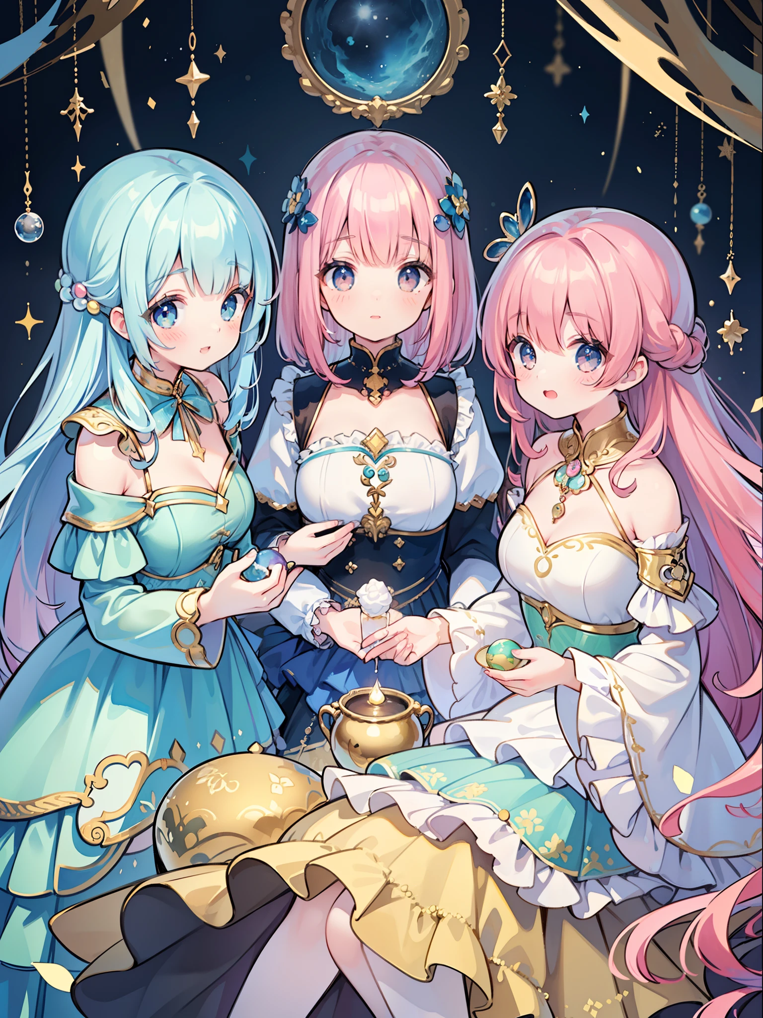 masterpiece, best quality, 8k resolution, sharp focus, intricate detail, beautiful 3girls, sparkling eyes, golden ratio face, otherworldly liquid, watercolor, pastel colors, bright colors, whimsical, colorful, sharp focus, high resolution, fine detail, ((layered tiered puffy long sleeves ballgown)), ((round eyes)), iridescent bubbles, fantasia background