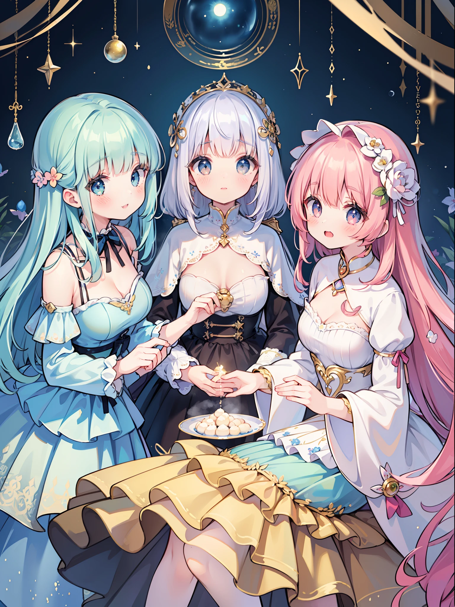 masterpiece, best quality, 8k resolution, sharp focus, intricate detail, beautiful 3girls, sparkling eyes, golden ratio face, otherworldly liquid, watercolor, pastel colors, bright colors, whimsical, colorful, sharp focus, high resolution, fine detail, ((layered tiered puffy long sleeves ballgown)), ((round eyes)), iridescent bubbles, fantasia background
