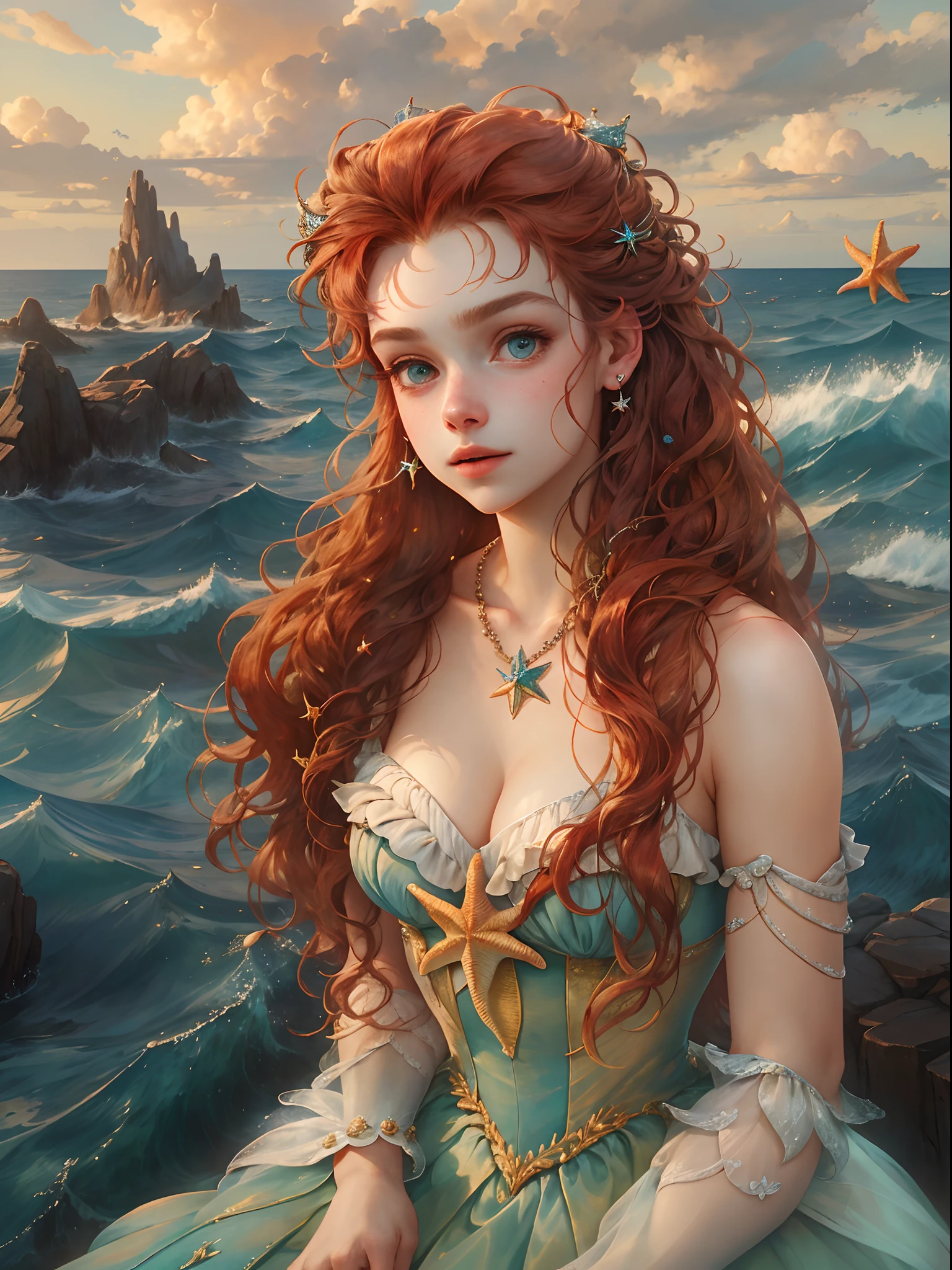 HighestQuali，tmasterpiece：1.2，Detailed details，A -yeld wo dressed up as a portrait of Ariel the Little Mermaid of Disney，Exquisite facial features，She held a starfish in her hand，She sits by the sea，There is foam everywhere