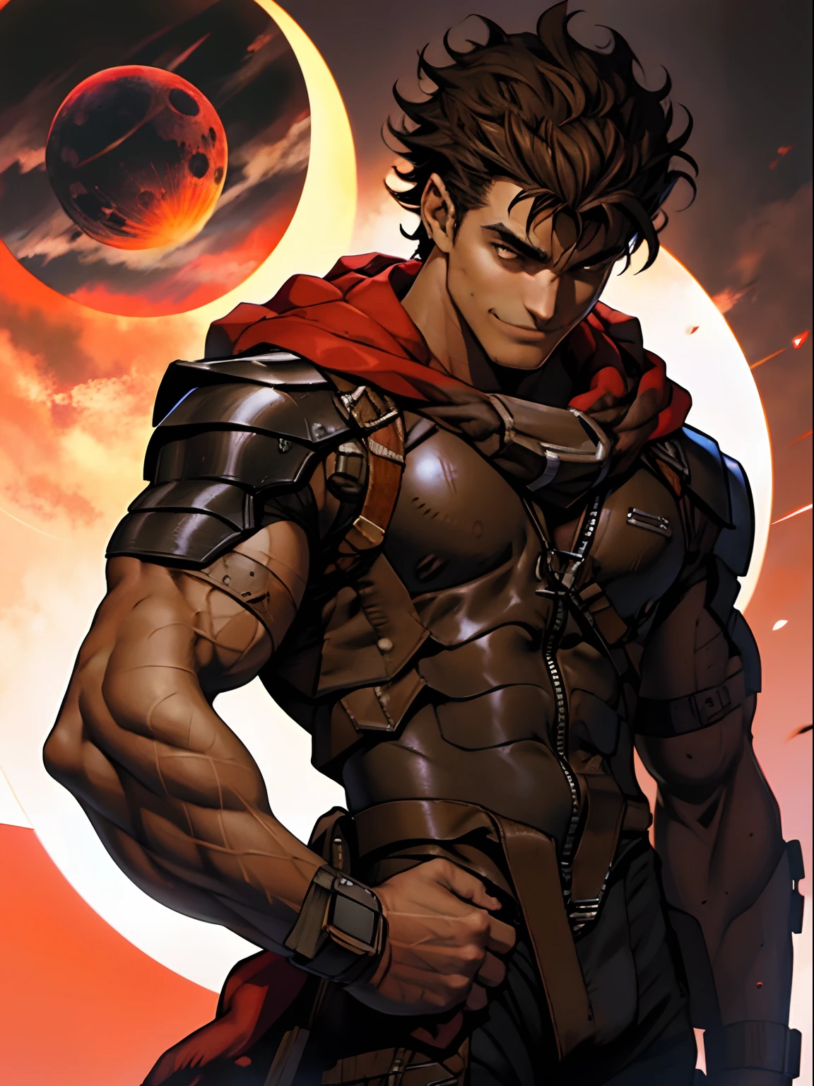 black young man, red suit, messy hair, brown hair, smile, stylish pose, show, defined, forte, eclipse, red