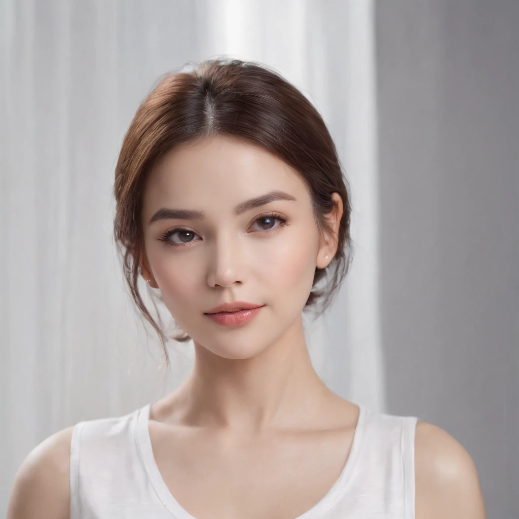 (photo: 1.3) af (realism: 1.4), (((white T-shirt))), (classic hairstyle), super high resolution, (realism: 1.4), 1 girl, female avatar, soft light, Short hair, facial focus, cheerful, young, confident, ((gray background)), (((monochrome background))), high definition, details, slightly looking up, perfect picture, movie quality, ultra high definition, female avatar, beautiful girl , young and beautiful, delicate face, elegant and luxurious