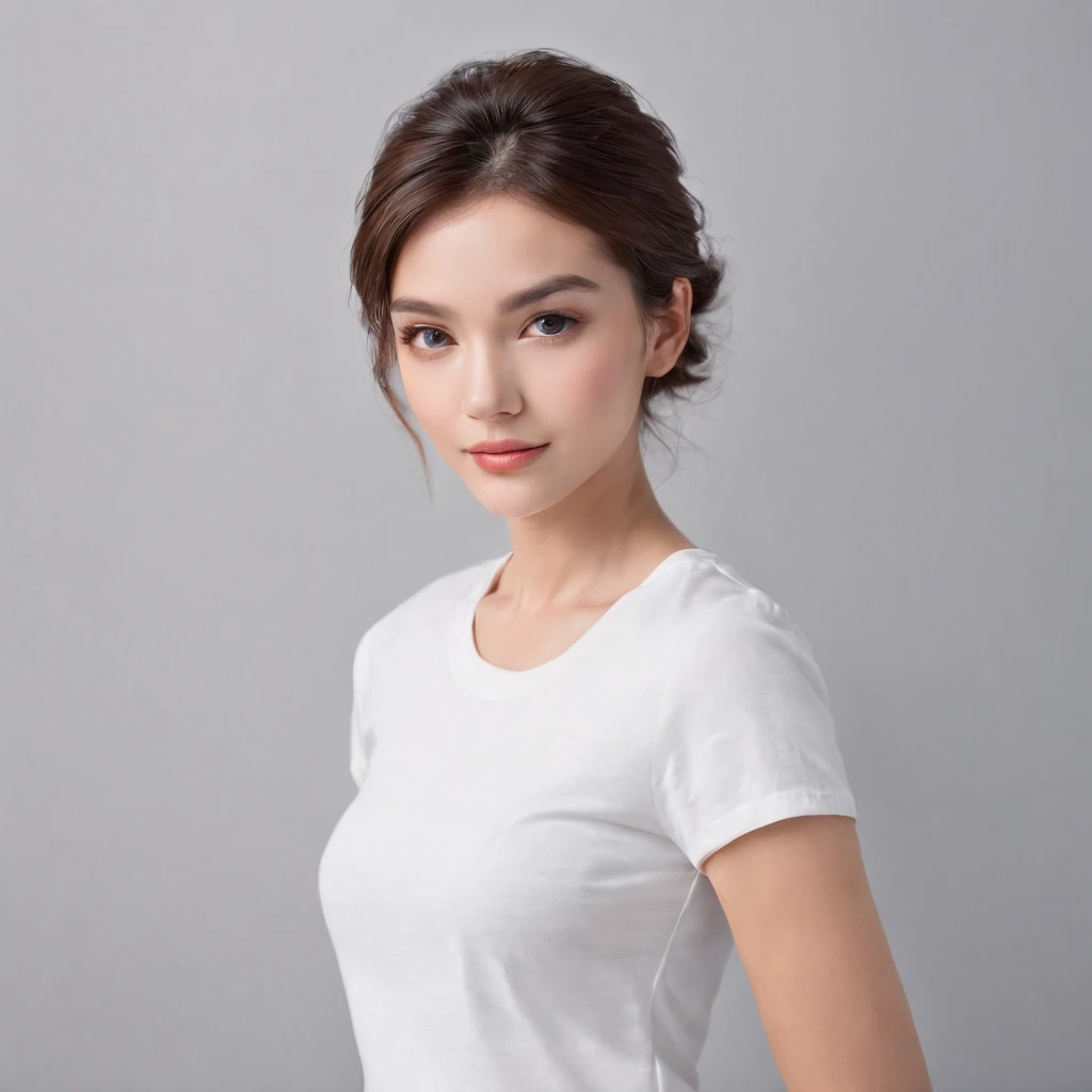 (photo: 1.3) af (realism: 1.4), (((white T-shirt))), (classic hairstyle), super high resolution, (realism: 1.4), 1 girl, female avatar, soft light, Short hair, facial focus, cheerful, young, confident, ((gray background)), (((monochrome background))), high definition, details, slightly looking up, perfect picture, movie quality, ultra high definition, female avatar, beautiful girl , young and beautiful, delicate face, elegant and luxurious