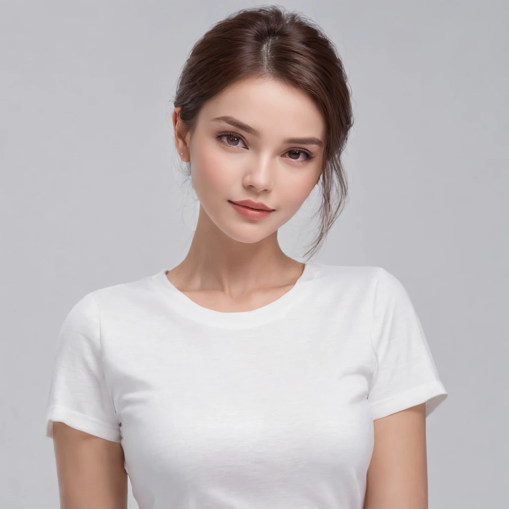 (photo: 1.3) af (realism: 1.4), (((white T-shirt))), (classic hairstyle), super high resolution, (realism: 1.4), 1 girl, female avatar, soft light, Short hair, facial focus, cheerful, young, confident, ((gray background)), (((monochrome background))), high definition, details, slightly looking up, perfect picture, movie quality, ultra high definition, female avatar, beautiful girl , young and beautiful, delicate face, elegant and luxurious