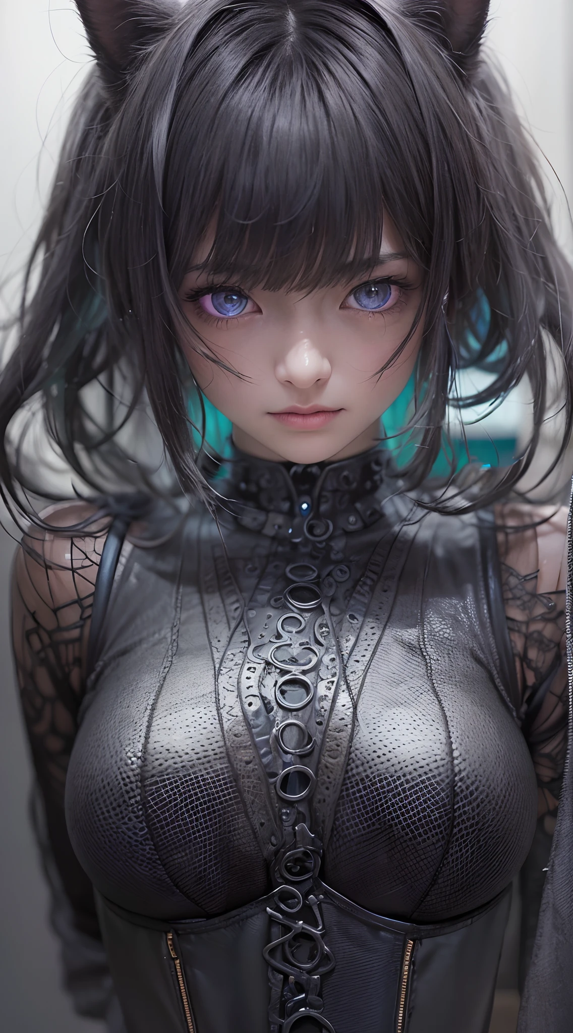 top-quality、masterpiece、超A high resolution、(Photorealsitic:1.4)、co-sleeping、Gray tones、Lomo Camera、((Ambient Dimming))、garl、(Gray hair bob cut)、glowy skin、1 Mechanical Girl、((super realistic details))、portlate、globalillumination、Shadow、octan render、8K、ultrasharp、Raw skin is exposed in cleavage、highly intricate detail、Realistic light、CGSoation Trends、a purple eye、radiant eyes、Facing the camera、Organic cable connecting to head、((cyberpunk backgrouns、alleyway、Disturbed customs))、Black Dress、Cat's ears、(Black Ring)、Shoulders exposed、((Metal Chrome))、The gemstone is black、greys、Black Lace Ornament、Back lighting