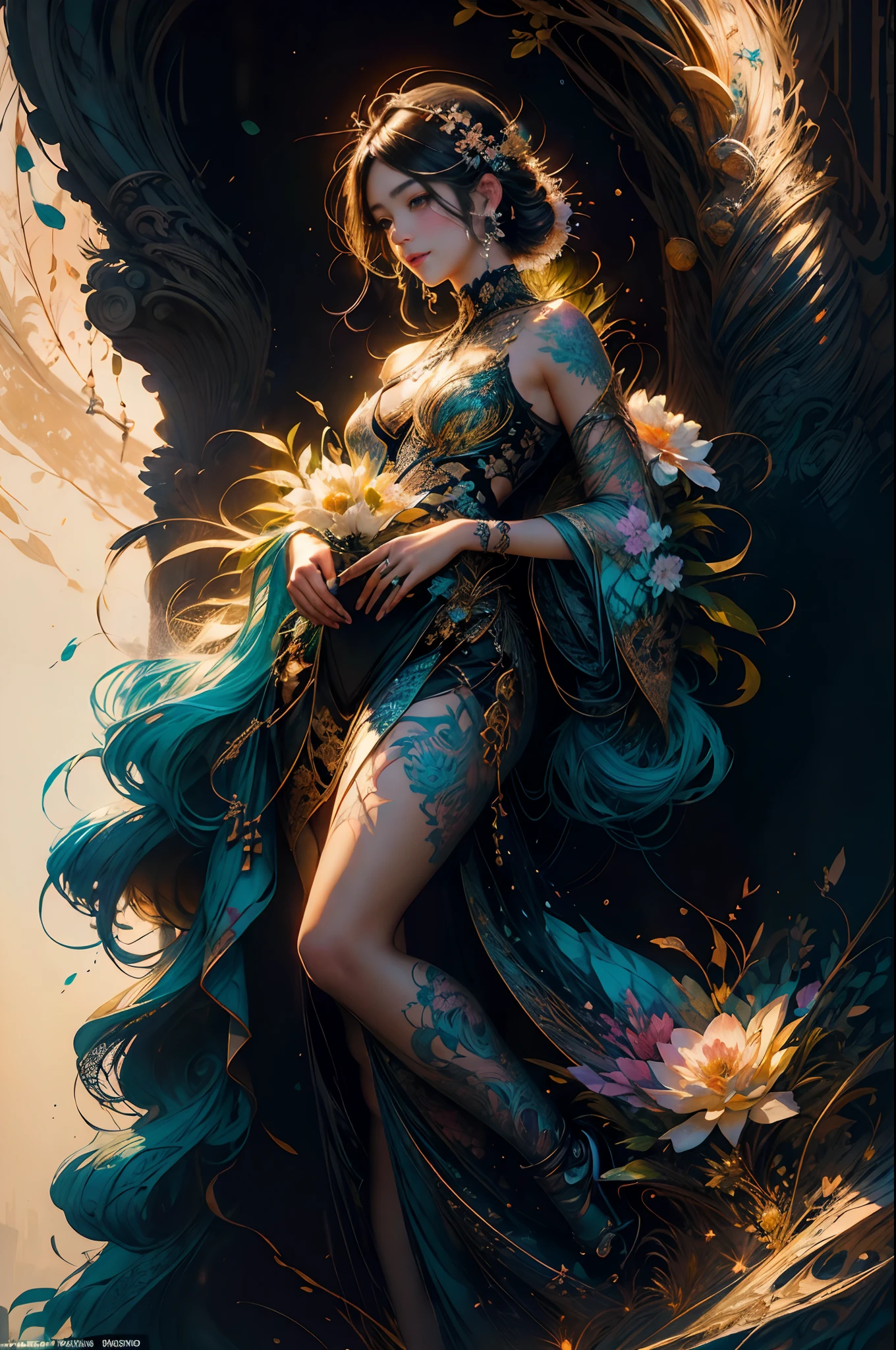 Create a beautiful tree, tree woman With the torso with a feminine silhouette. a perfect body With green leaves. digital drawing, perfect face, glowing skin, 8k concept art portrait, dynamic lighting, super detail, detailed image, fractal complex background, alcohol ink drawing.beautiful woman, a woman with black and platinum and gold hair, with a colorful outfit and a black background with paint splatters, by Hirohiko Araki, Official Art, Unity 8K Wallpaper, Ultra Detailed, Masterpiece, Best Quality, (Zenredar, mandala, tangle, tangle), 1 beautiful Caucasian haired girl platinum and black and gold, Dynamic Angle, The Most Beautiful Form of Chaos, elegant, bright colors, romanticism, By James Jean, Gerhard Richter, Takato Yamamoto, Ashley Wood, atmospheric, ??????? of musical notes, transmission of visible musical notes, Style Wtrcolor, wind blown, Masterpiece, Beautiful, ((watercolor)), Paint splatters, Intricate details. [drip: 0.7], Trending on Artstation, Rachel Walker, Style-Painting-1900, A beautiful nude woman completely covered in paint floating in a pool, beautiful lighting, beautiful large detailed eyes, Nirvana, relaxed, paint drips, Spirals of Paint, Paint Splatter, (Beautiful Swirls of Paint Swirls), by Jeremy Mann, By Sandra Chevrier, vivid contrasting colors, chromatic aberration, black background, Best Quality, (realistic: 1.2), (high contrast: 1.2), gold and silver and bronze decoration, forest goddess, beautiful caucasian girl close-up, beautiful goddess fused with forest and trees, black hair fused with platinum and gold, nude girl, beautiful visible pubic area, pink pesons, small breasts a the view, pond of water in the garden, tattoos of mandalas and flowers on the naked body, floating old clock, lamp, lantern,pond of water in the garden,beautiful visible pubic area, pink pesons, small breasts a the view,