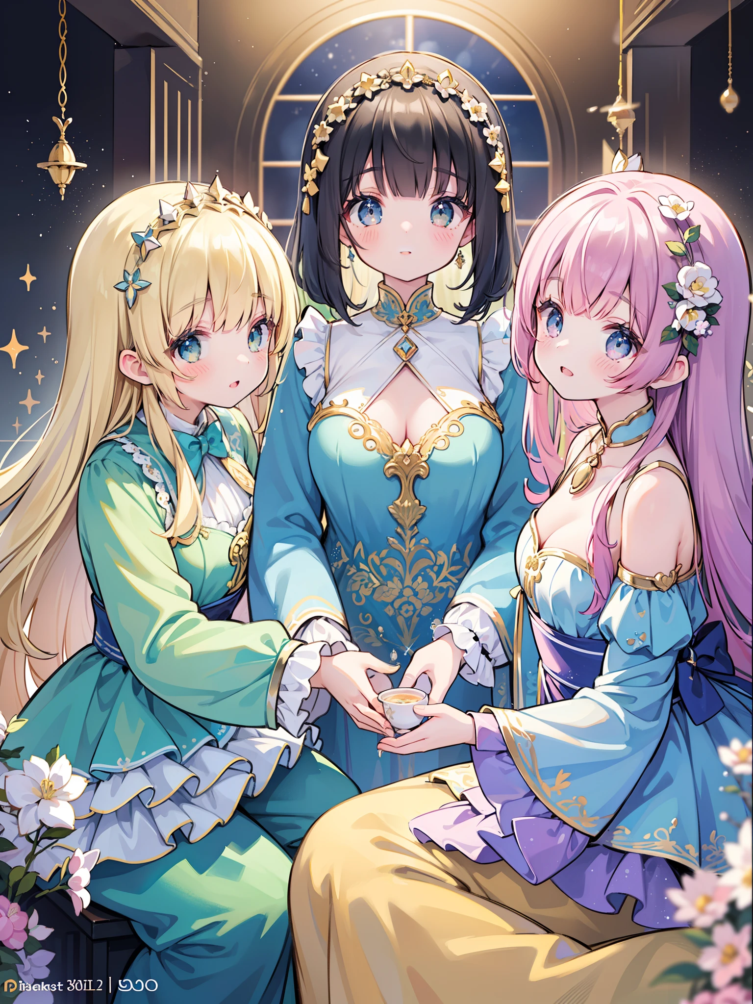 masterpiece, best quality, 8k resolution, sharp focus, intricate detail, beautiful 3girls, sparkling eyes, golden ratio face, otherworldly liquid, watercolor, pastel colors, bright colors, whimsical, colorful, sharp focus, high resolution, fine detail, ((layered tiered puffy long sleeves ballgown)), ((round eyes)), iridescent bubbles, fantasia background