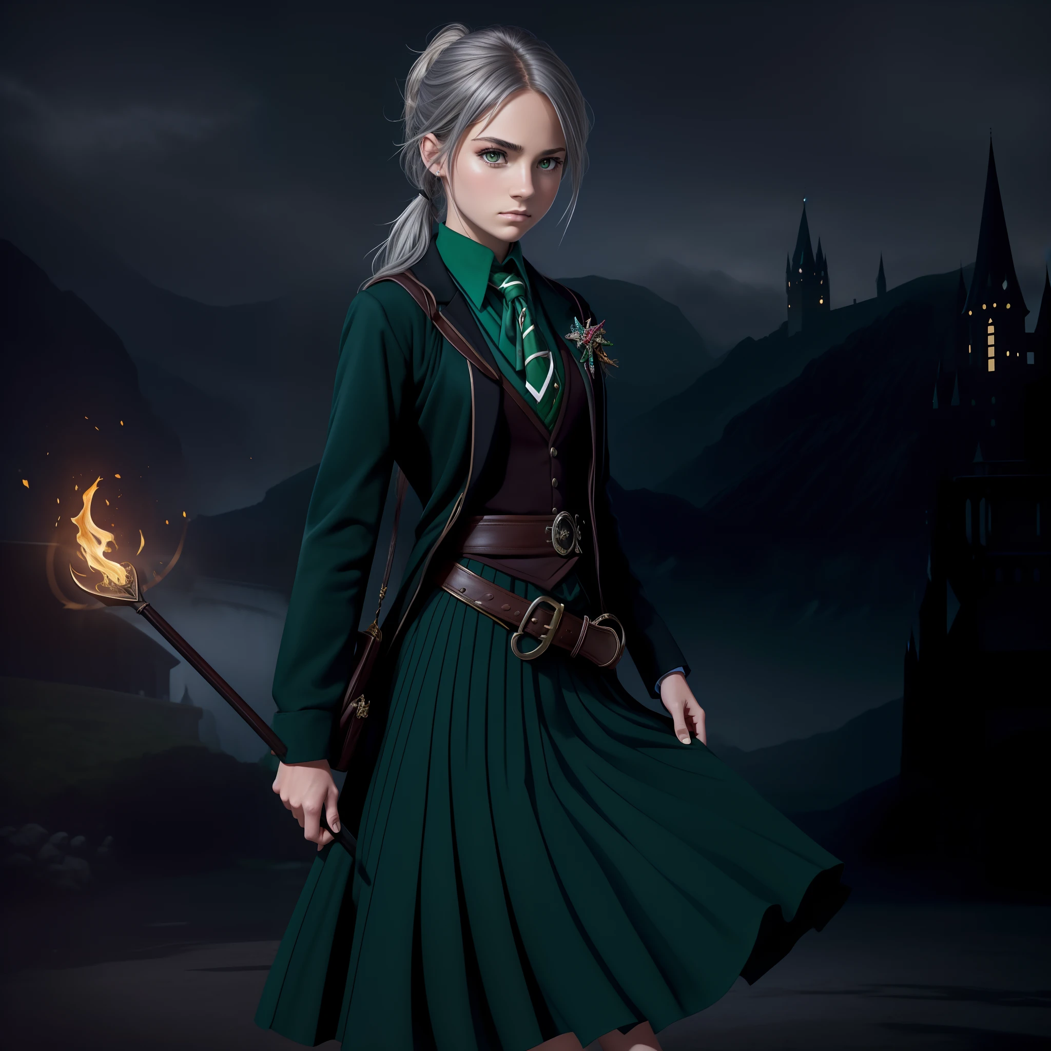 (hight resolution, Best Quality:1.2), brilliance, soft contour, a beautiful painting, Cowboy Shot, (masutepiece), 1girl in, Beautiful Girl, Hogwarts Background, Background of the magical world, Background inside the mansion, Shadow Window, Hogwarts Background, Black background, hogwarts school uniform, hogsks, Slytherin, Gray hair in a ponytail, Yellow eyes, Angry look, School Dress, Long skirt, Green tie, cool lady