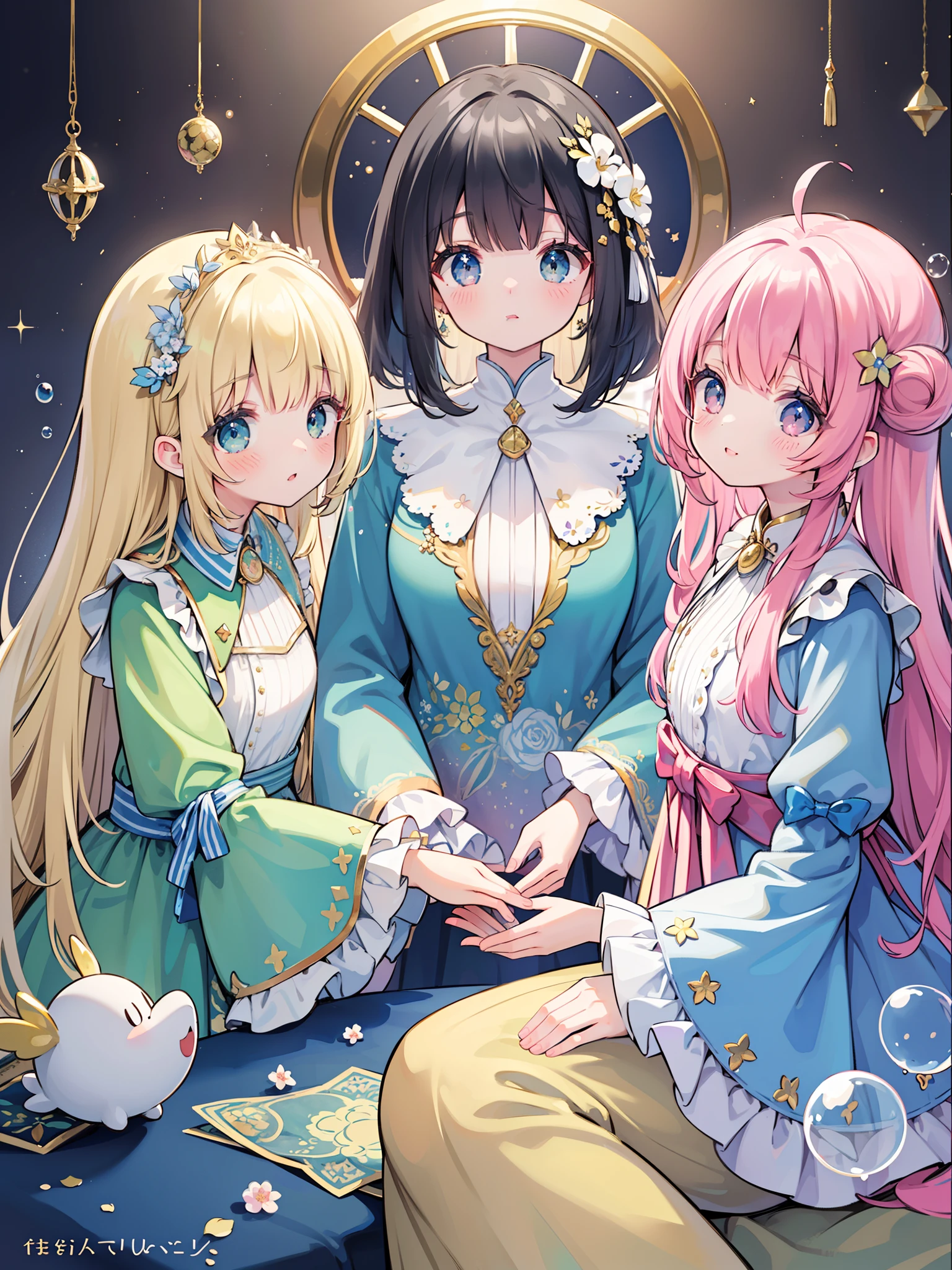 masterpiece, best quality, 8k resolution, sharp focus, intricate detail, beautiful 3girls, sparkling eyes, golden ratio face, otherworldly liquid, watercolor, pastel colors, bright colors, whimsical, colorful, sharp focus, high resolution, fine detail, ((layered tiered puffy long sleeves ballgown)), ((round eyes)), iridescent bubbles, fantasia background