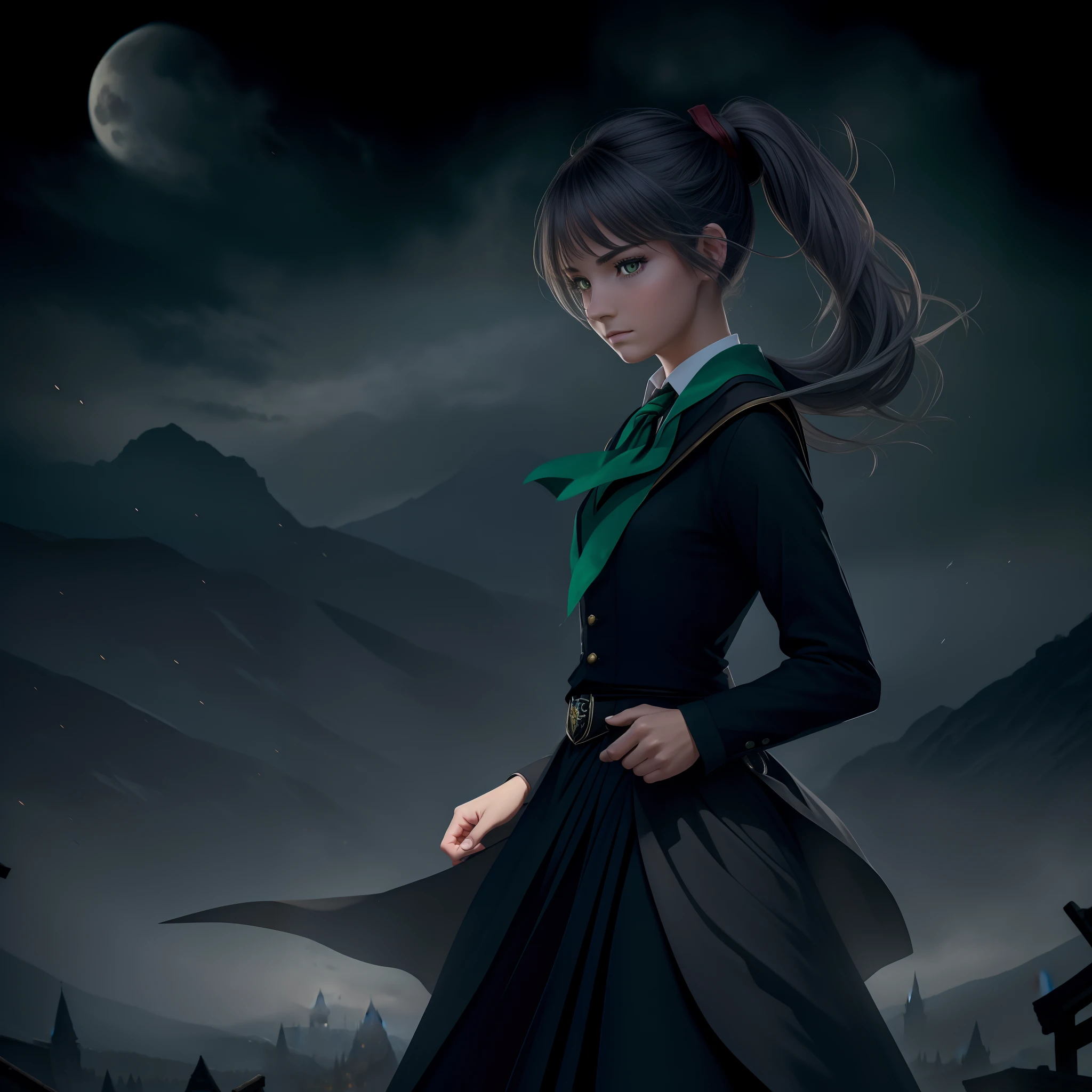 (hight resolution, Best Quality:1.2), brilliance, soft contour, a beautiful painting, Cowboy Shot, (masutepiece), 1girl in, Beautiful Girl, Hogwarts Background, Background of the magical world, Background inside the mansion, Shadow Window, Hogwarts Background, Black background, hogwarts school uniform, hogsks, Slytherin, Gray hair in a ponytail, Yellow eyes, Angry look, School Dress, Long skirt, Green tie, cool lady