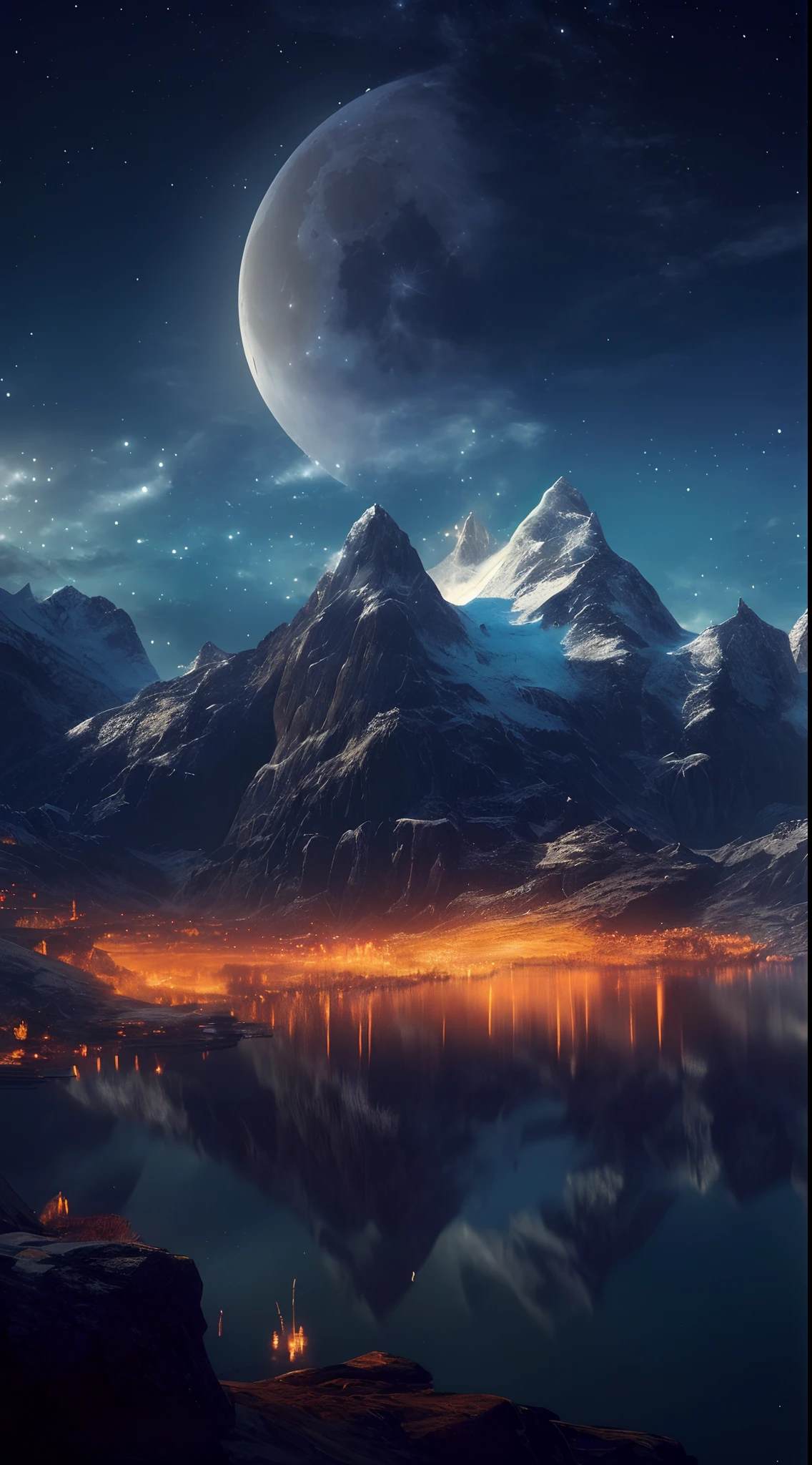 mountains and a lake with a moon in the sky, 4k highly detailed digital art, 4 k hd wallpaper very detailed, impressive fantasy landscape, sci-fi fantasy desktop wallpaper, unreal engine 4k wallpaper, 4k detailed digital art, sci-fi fantasy wallpaper, epic dreamlike fantasy landscape, 4k hd matte digital painting, 8k hd wallpaper digital art