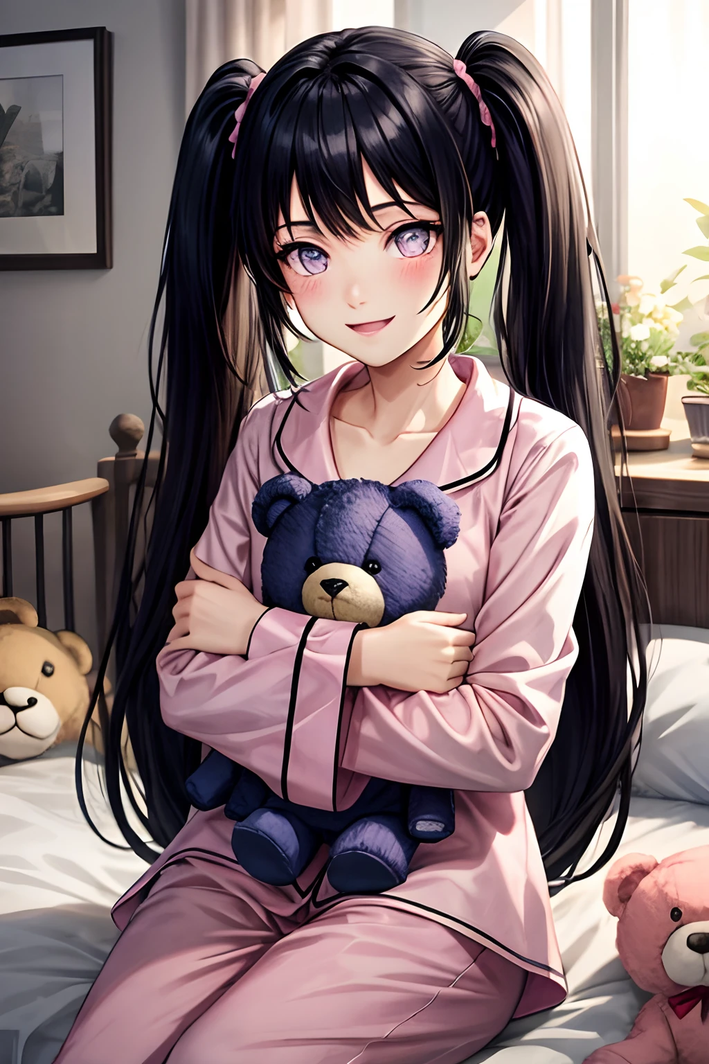BREAK,{{Masterpiece}},{{best quality}},{{illustration}},{beautiful detailed eyes},{{cinematic lighting}},1girl,isla,dark blue hair,long hair,double twintails,purple eyes,very happy,blush,smile,pink pajamas,sitting on bed,plushies on bed,hugging teddy bear, Blunt Bangs