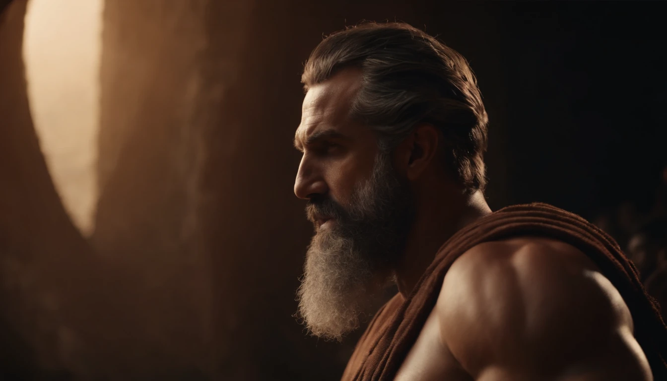 Stock Gricki Stoic which is the historical Greek status with Hercules-style profile muscles Cinematic 8k and dark background