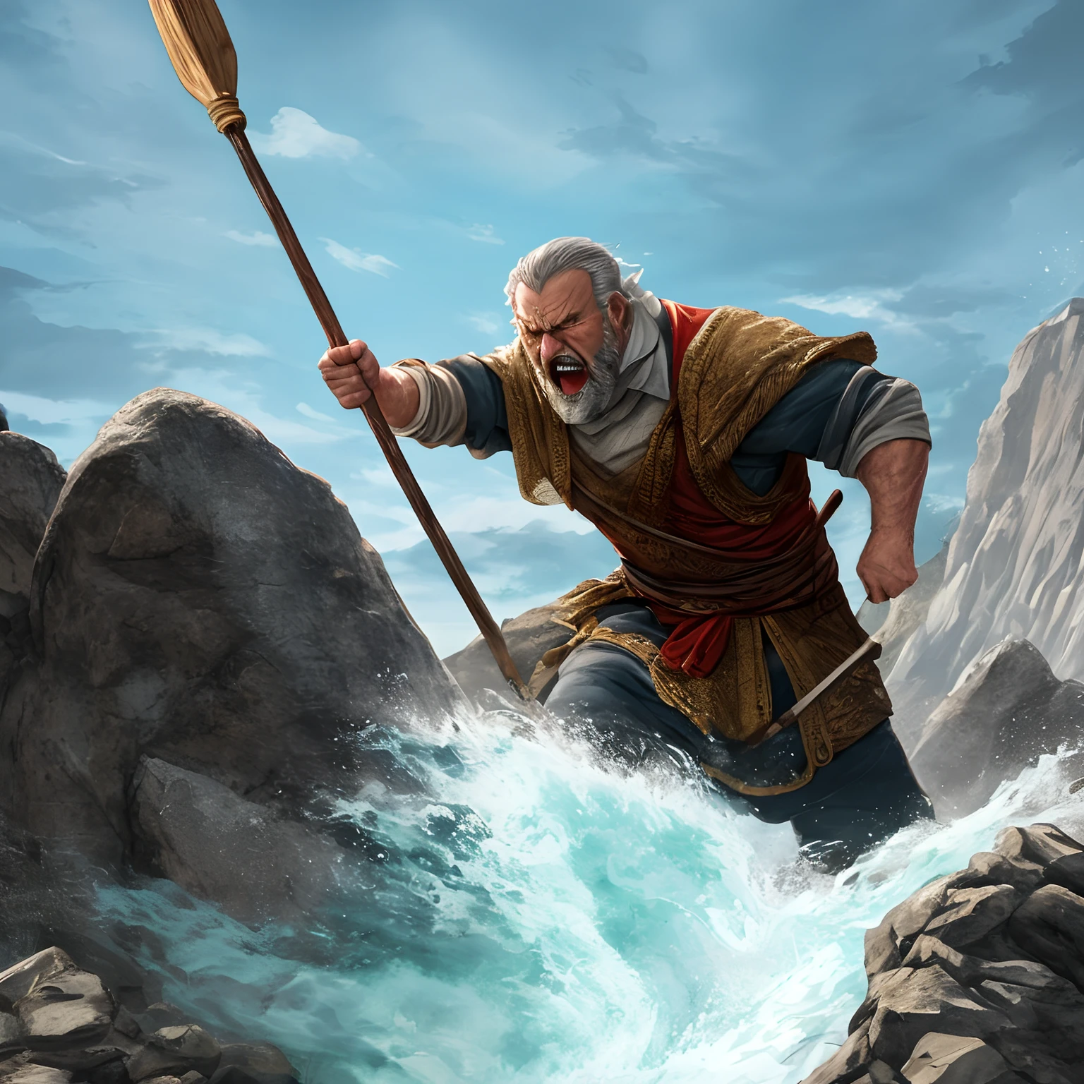 Angry Moses hitting the rock with a staff