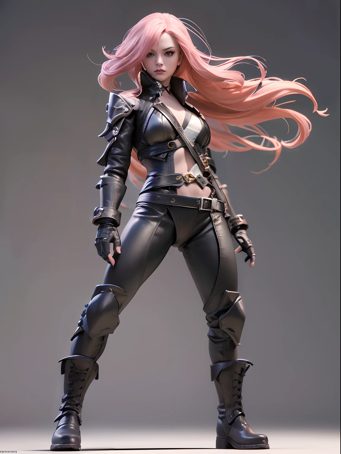 3D, action figure, a beautiful American woman, long pink hair, wearing black leather, full body, white as background, combat pose, dynamic, extremely detailed, sharp focus, MSchiffer,concept ar