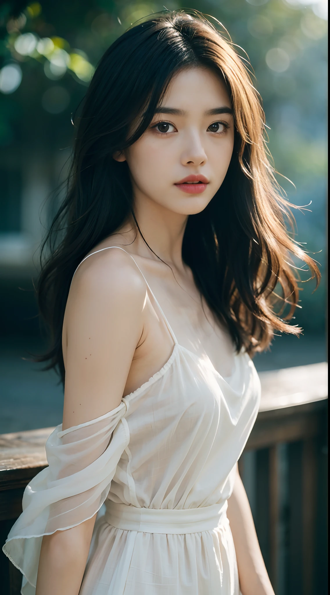 film portrait photography, 1girl, bare shoulders, wavy shoulder-length hair, serene, calm, (realistic detailed eyes, natural skin texture, realistic face details), soft dramatic lighting, depth of field, bokeh, vibrant details, finely detailed, hyperrealistic, 35mm film, hazy blur