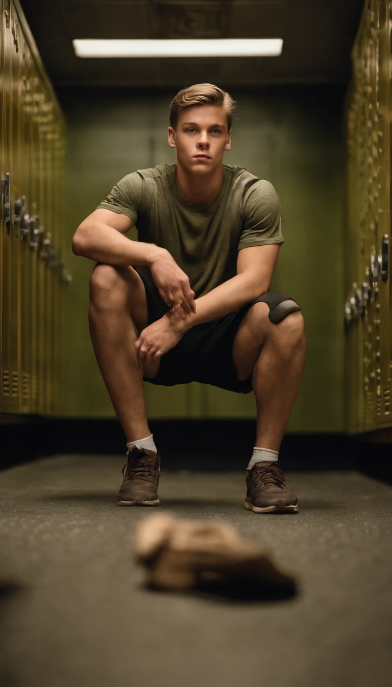 Full body shot of a buff and handsome 13 year old white boy in a gym locker room with dirty feet lying on the ground