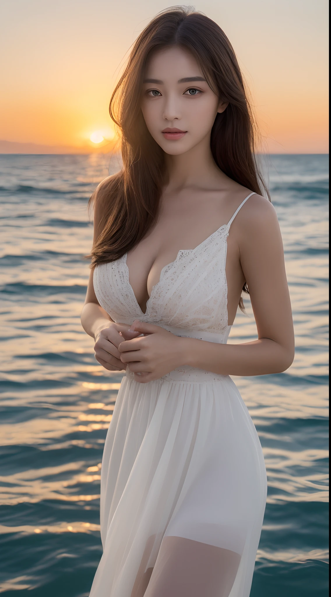 (Daytime, Excellent, 8K, Masterpiece:1.3)), Full body, Long legs, Focal length: 1.2, Perfect Body Beauty: 1.4, Slim Abs: 1.1, ((Dark Brown Hair, Big Breasts: 1.2 )), (White Dress, Standing: 1.2), ((Sea, Sunset: 1.3)), Highly detailed facial and skin texture, Detailed eyes, Double eyelids, Flying long hair