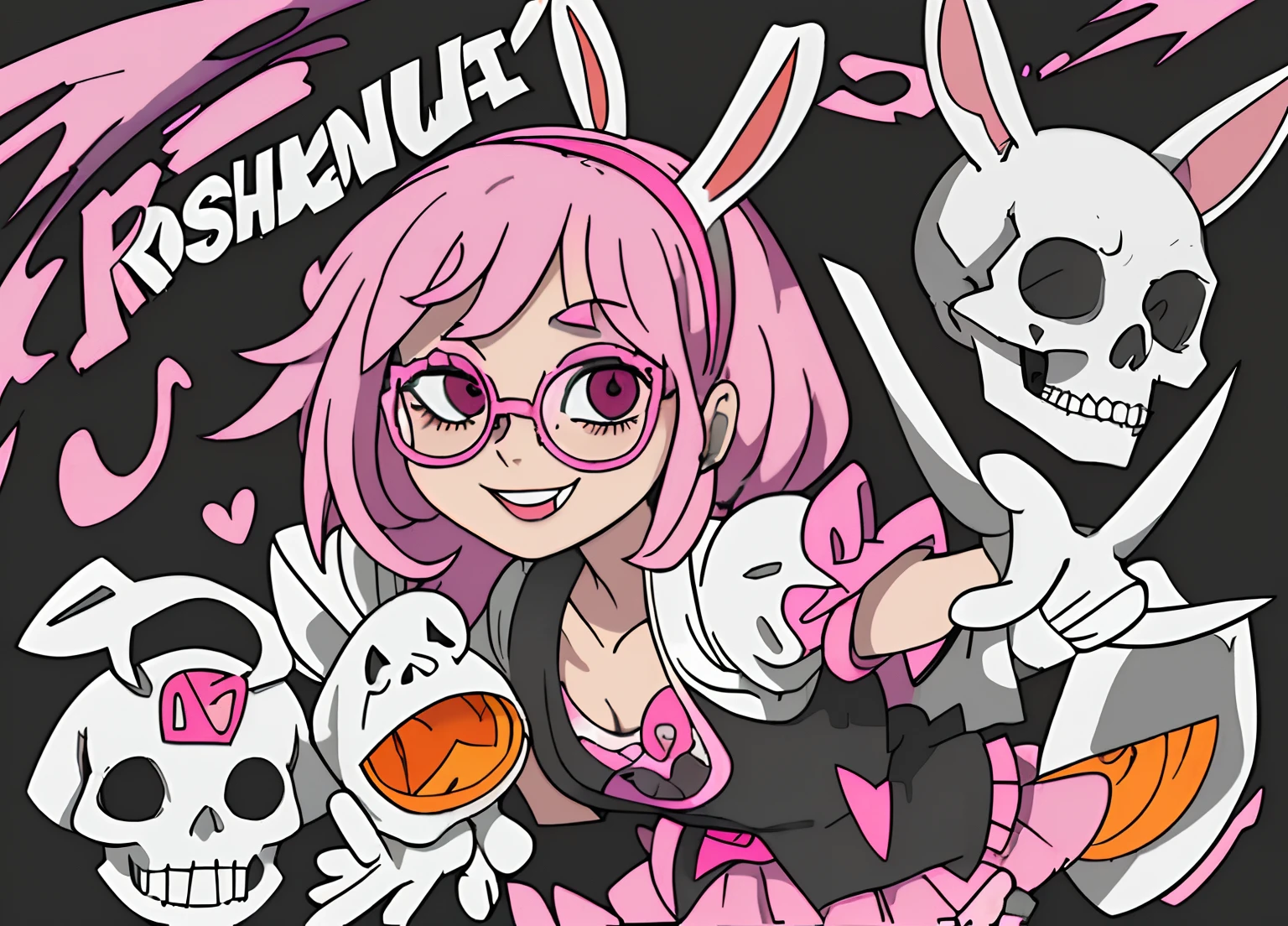 Girl dressed as white rabbit with glasses and pink eye, ao lado um esqueleto sombrio caveira skull sorrindo com roupa laranja de prisioneiro, rosto de caveira detalhado