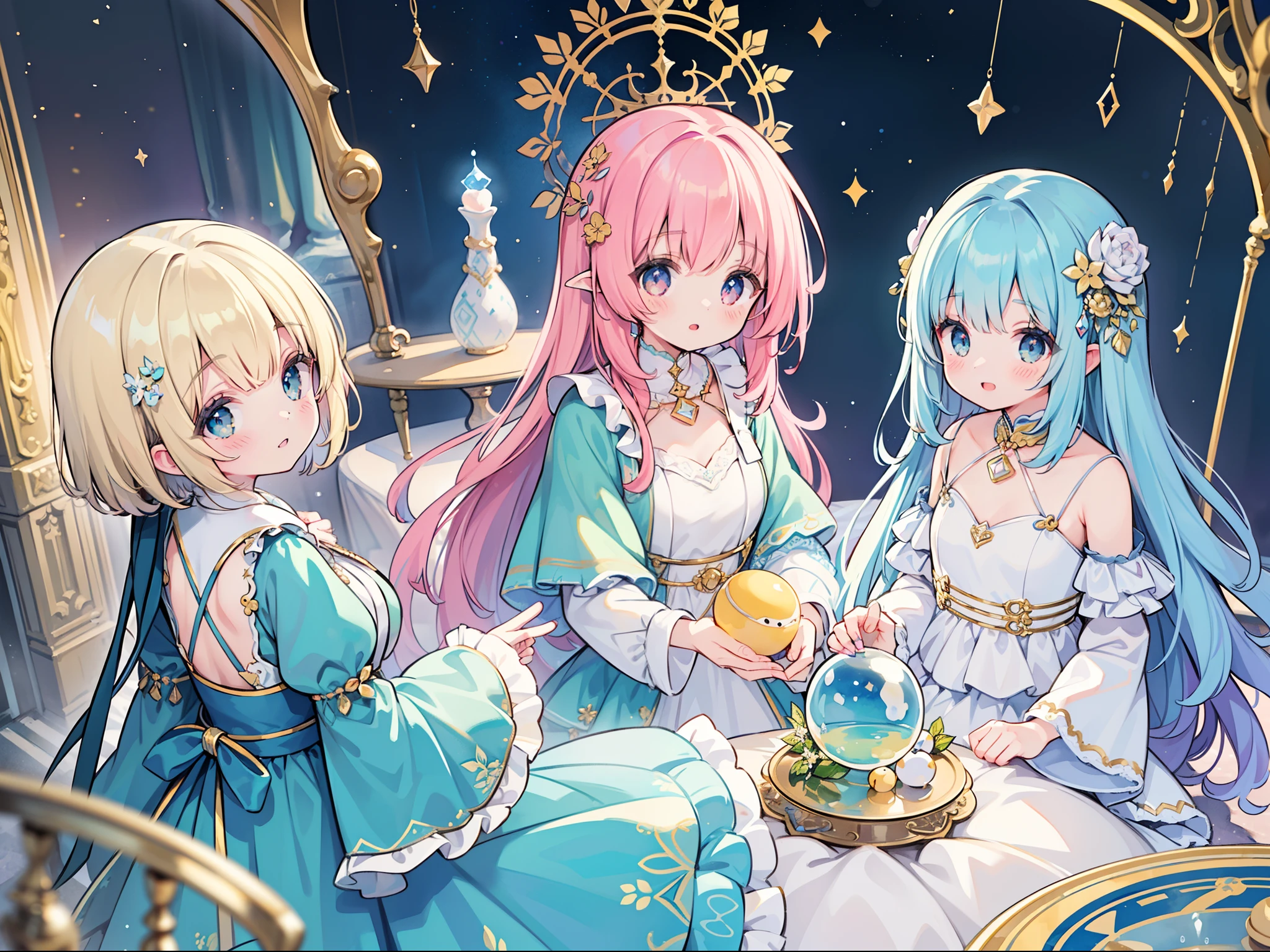 masterpiece, best quality, 8k resolution, sharp focus, intricate detail, beautiful 3girls, sparkling eyes, golden ratio face, otherworldly liquid, watercolor, pastel colors, bright colors, whimsical, colorful, sharp focus, high resolution, fine detail, ((layered tiered puffy long sleeves ballgown)), ((round eyes)), iridescent bubbles, fantasia background