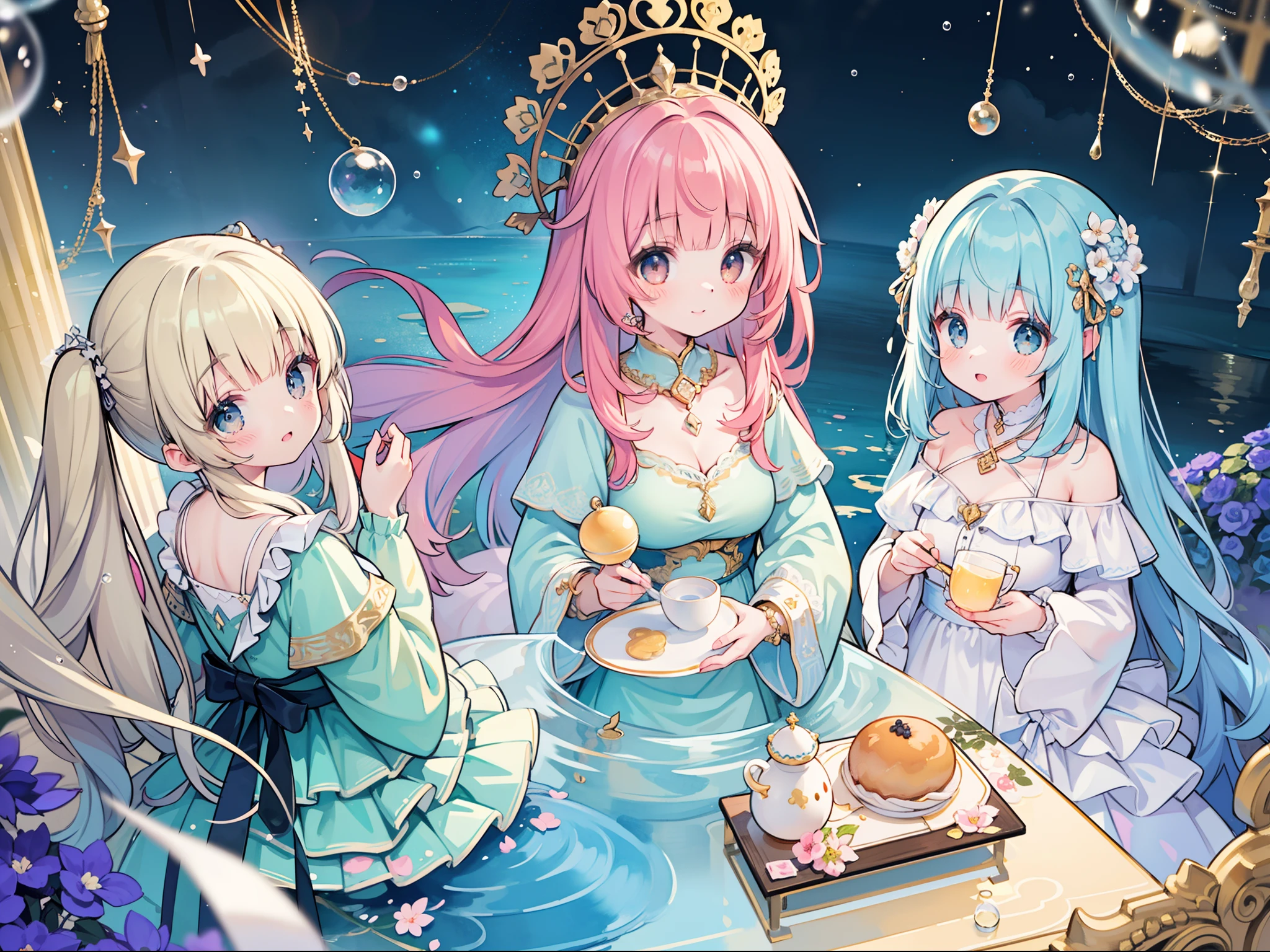 masterpiece, best quality, 8k resolution, sharp focus, intricate detail, beautiful 3girls, sparkling eyes, golden ratio face, otherworldly liquid, watercolor, pastel colors, bright colors, whimsical, colorful, sharp focus, high resolution, fine detail, ((layered tiered puffy long sleeves ballgown)), ((round eyes)), iridescent bubbles, fantasia background