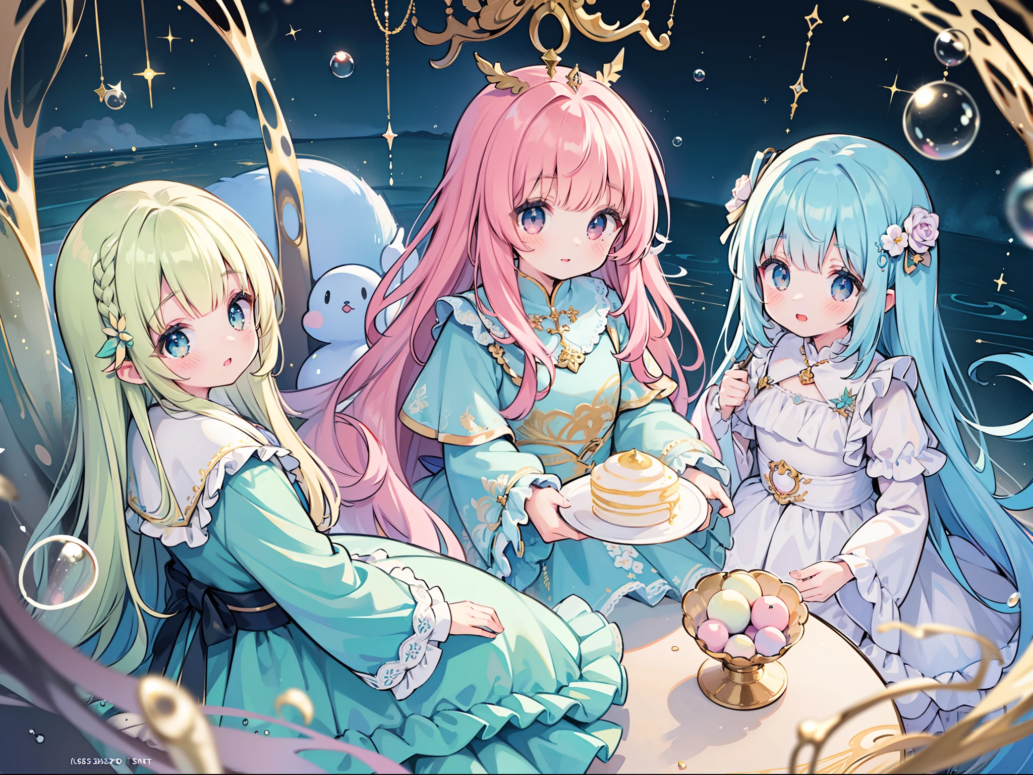 masterpiece, best quality, 8k resolution, sharp focus, intricate detail, beautiful 3girls, sparkling eyes, golden ratio face, otherworldly liquid, watercolor, pastel colors, bright colors, whimsical, colorful, sharp focus, high resolution, fine detail, ((layered tiered puffy long sleeves ballgown)), ((round eyes)), iridescent bubbles, fantasia background