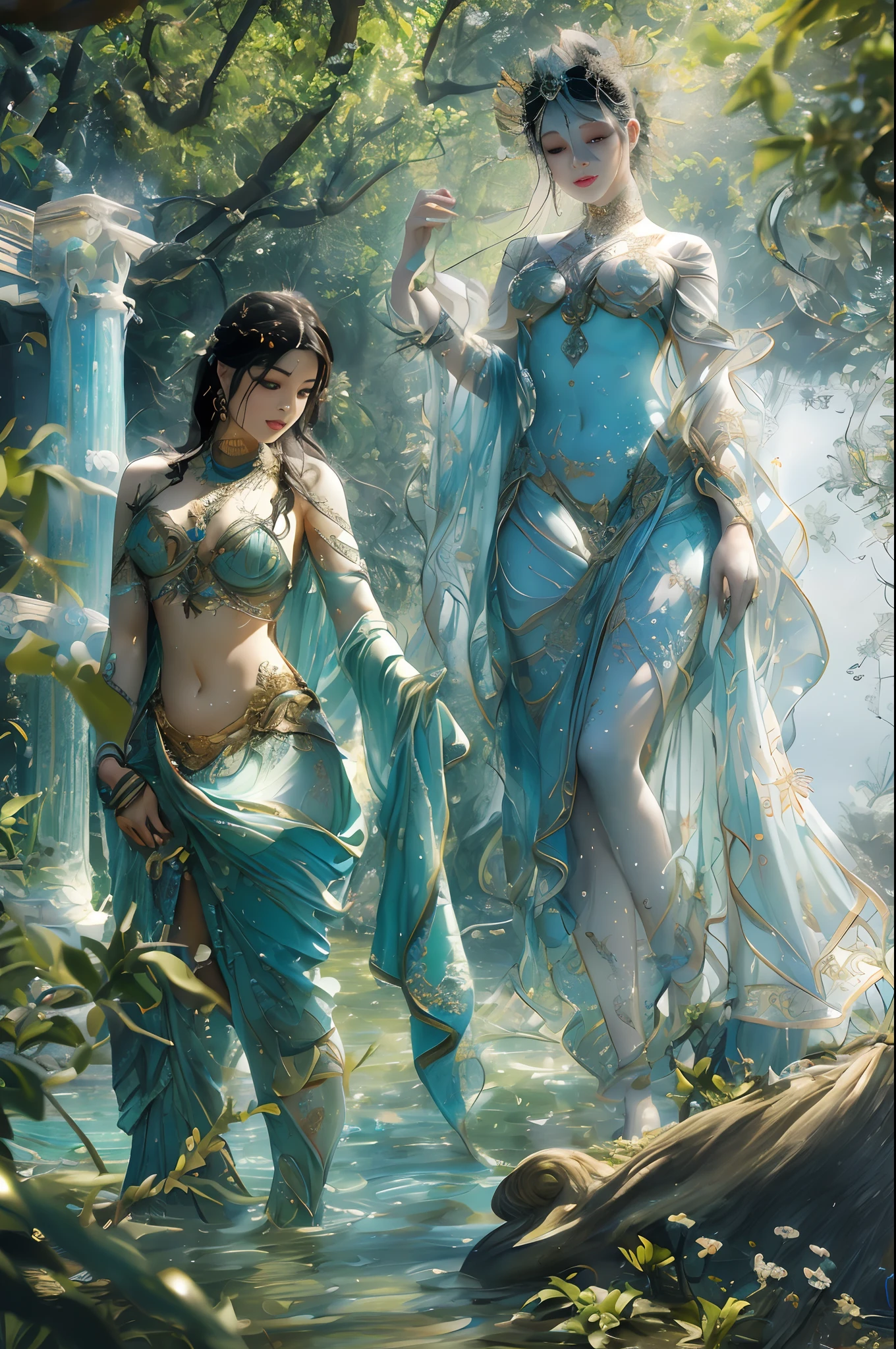 A sexy Malaysian damsel in a hijab, sheer open translucent dress, big breasts, cute face, unshaved pubic area, pets and kisses a fantasy unicorn in an elven glade lit by moonlight