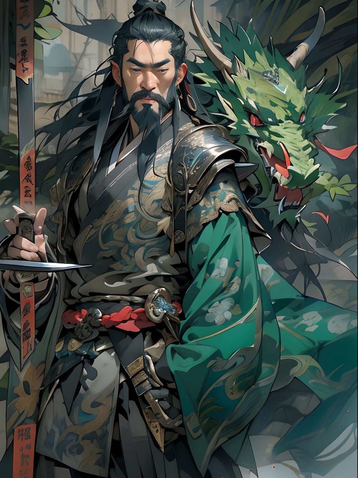 (((China-style，Ink painting method，Half-length portrait，Intense color，Han dynasty, China，Hanfu，Armor，Guan yu，Guan Yunchang，of a guy，Ruddy killing square face，Hold the Blue Dragon Moon Knife in his right hand，Stroke your beard with your left hand，Long hair，petty eyes，Green robe))), (((best qualityer))), (((tmasterpiece))), (((AS-Adult))), ((( Japanese ))), Look up from your knees, Handsome Asian samurai，perfect body figure, Modern samurai, ((( Asian))), Wear gloves on your hands，The left arm is made of steel and metal tips，Made of protective devices, The eyes are pulled, (( Appears below the chest )), (( Small dental floss )), Simon Bisley, Almost naked（Simon Bisley）Castle City Wilderness，For high-resolution posters, hair straight, Minimum clothing, armure (Crazy clothes ), Full of tips and rivets, tribal tattoos, (((full bodyesbian))), Straight brunette hair，Colored hair ends