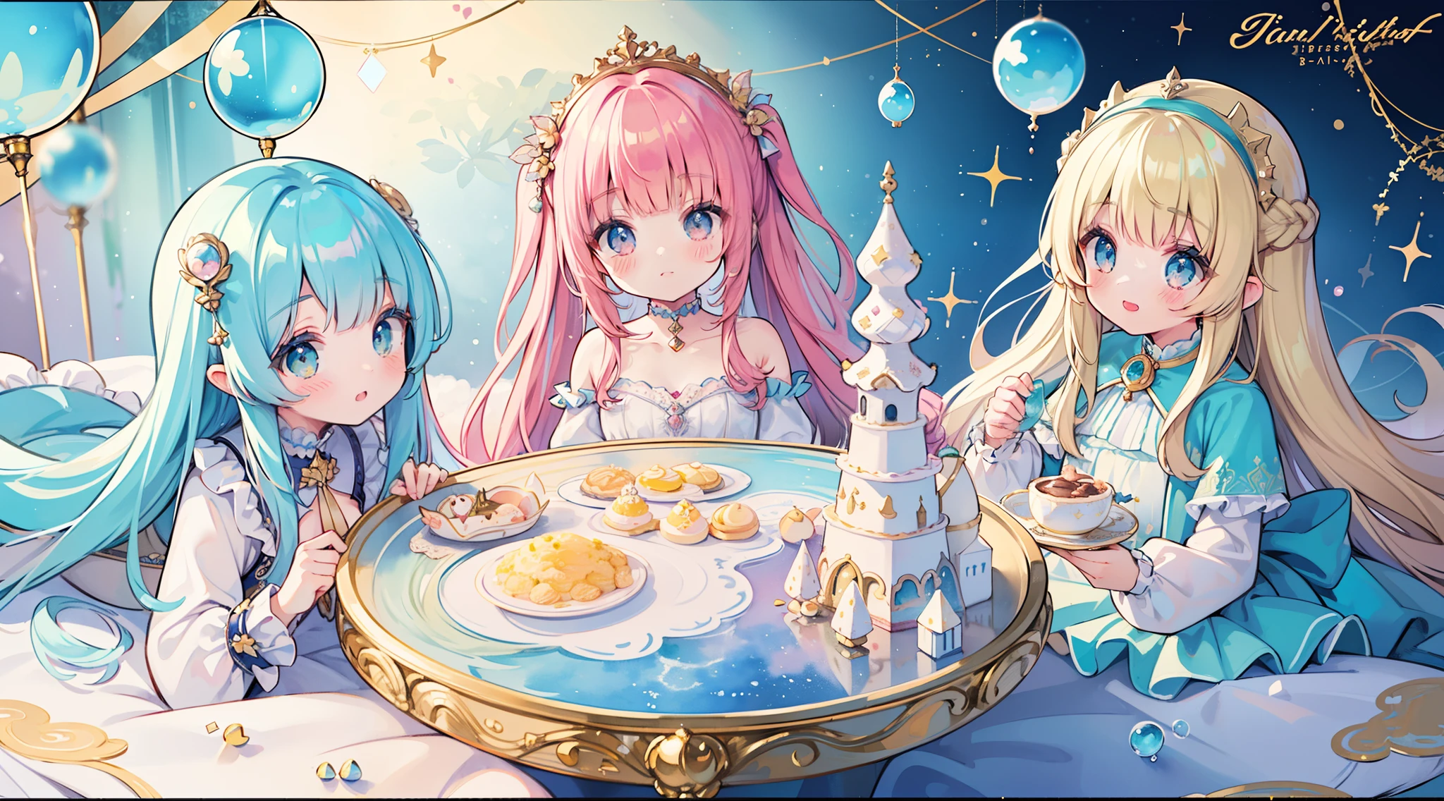 masterpiece, best quality, 8k resolution, sharp focus, intricate detail, beautiful 3girls, sparkling eyes, golden ratio face, otherworldly liquid, watercolor, pastel colors, bright colors, whimsical, colorful, sharp focus, high resolution, fine detail, ((layered tiered puffy long sleeves ballgown)), ((round eyes)), iridescent bubbles, fantasia background