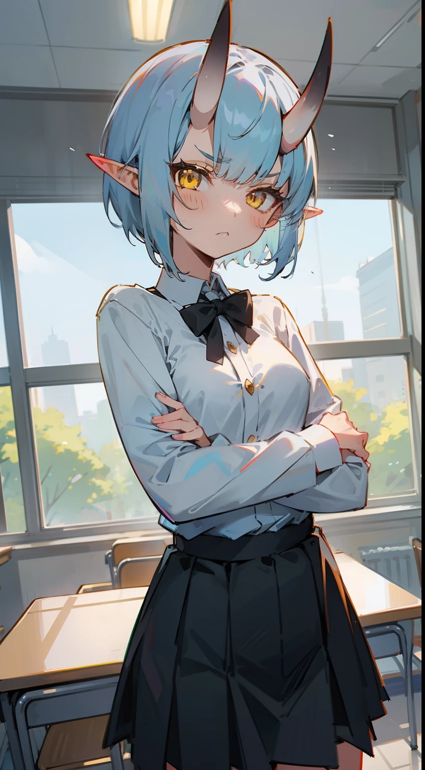 1oni girl,solo,serious face,white shirt,black skirt,light blue hair, short hair,,yellow eyes,elves ears,oni horns,classroom