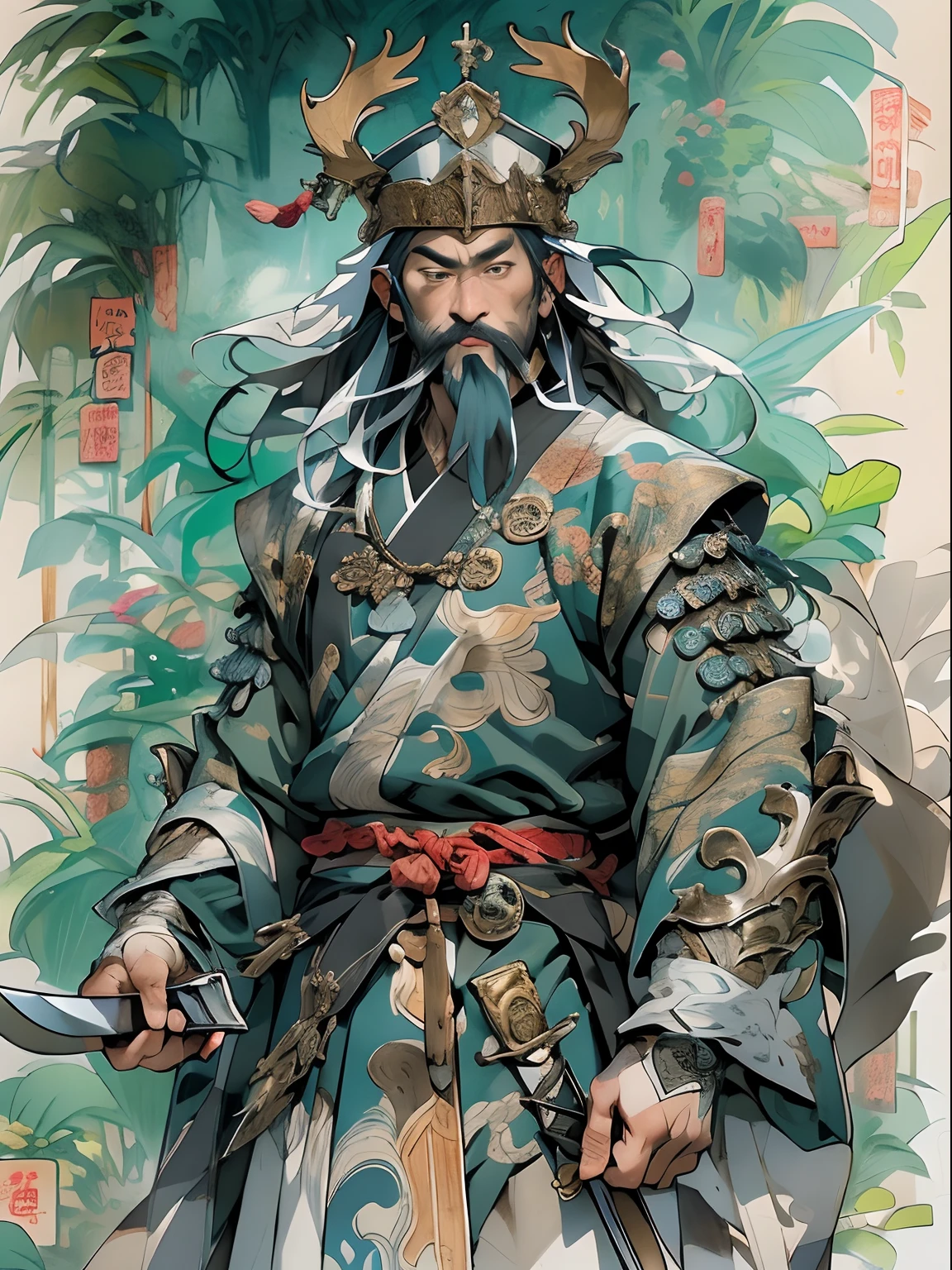 (((China-style,Ink painting method,Half-length portrait,Intense color,Han dynasty, China,Hanfu,Armor,Guan yu,Guan Yunchang,of a guy,Ruddy killing square face,Hold the Blue Dragon Moon Knife in his right hand,Stroke your beard with your left hand,Long hair,petty eyes,Green robe))), (((best qualityer))), (((tmasterpiece))), (((AS-Adult))), ((( Japanese ))), Look up from your knees, Handsome Asian samurai,perfect body figure, Modern samurai, ((( Asian))), Wear gloves on your hands,The left arm is made of steel and metal tips,Made of protective devices, The eyes are pulled, (( Appears below the chest )), (( Small dental floss )), Simon Bisley, Almost naked(Simon Bisley)Castle City Wilderness,For high-resolution posters, hair straight, Minimum clothing, armure (Crazy clothes ), Full of tips and rivets, tribal tattoos, (((full bodyesbian))), Straight brunette hair,Colored hair ends
