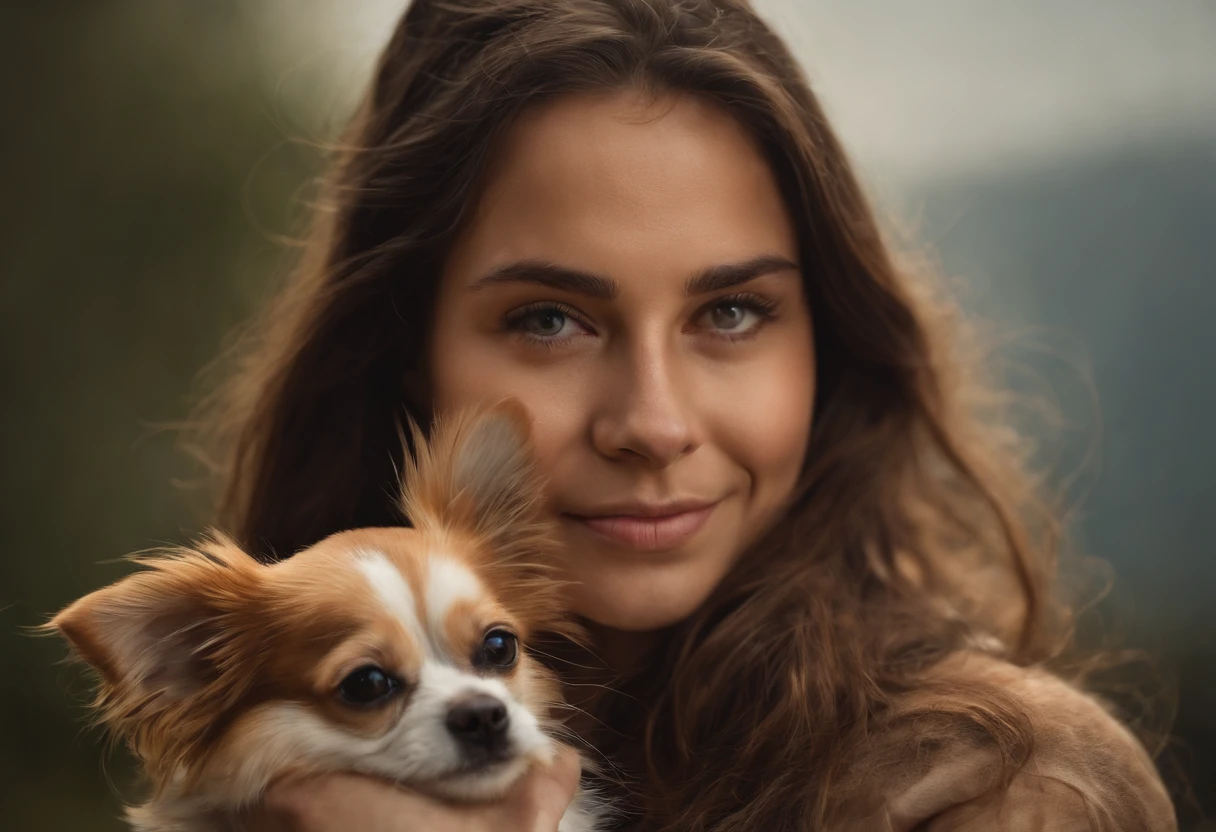(a girl with long brown hair holding a chihuahua),illustration,detailed background,pet owner,vibrant colors,soft lighting