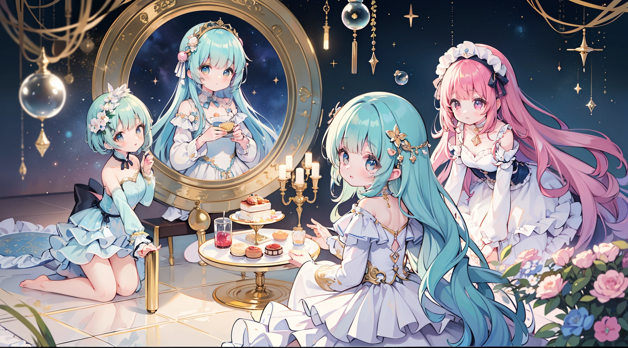 masterpiece, best quality, 8k resolution, sharp focus, intricate detail, beautiful 3girls, sparkling eyes, golden ratio face, otherworldly liquid, watercolor, pastel colors, bright colors, whimsical, colorful, sharp focus, high resolution, fine detail, ((layered tiered puffy long sleeves ballgown)), ((round eyes)), iridescent bubbles, fantasia background