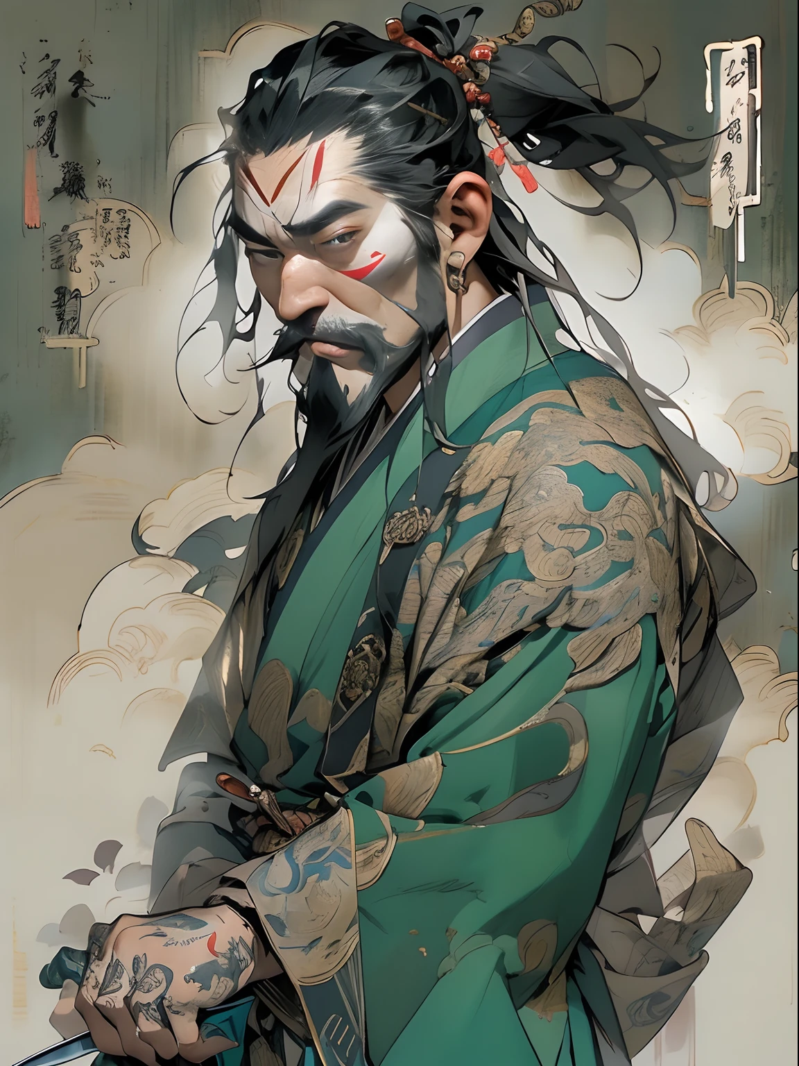 (((China-style,Ink painting method,Half-length portrait,Intense color,Han dynasty, China,Hanfu,Armor,Guan yu,Guan Yunchang,of a guy,Ruddy killing square face,Hold the Blue Dragon Moon Knife in his right hand,Stroke your beard with your left hand,Long hair,petty eyes,Green robe))), (((best qualityer))), (((tmasterpiece))), (((AS-Adult))), ((( Japanese ))), Look up from your knees, Handsome Asian samurai,perfect body figure, Modern samurai, ((( Asian))), Wear gloves on your hands,The left arm is made of steel and metal tips,Made of protective devices, The eyes are pulled, (( Appears below the chest )), (( Small dental floss )), Simon Bisley, Almost naked(Simon Bisley)Castle City Wilderness,For high-resolution posters, hair straight, Minimum clothing, armure (Crazy clothes ), Full of tips and rivets, tribal tattoos, (((full bodyesbian))), Straight brunette hair,Colored hair ends