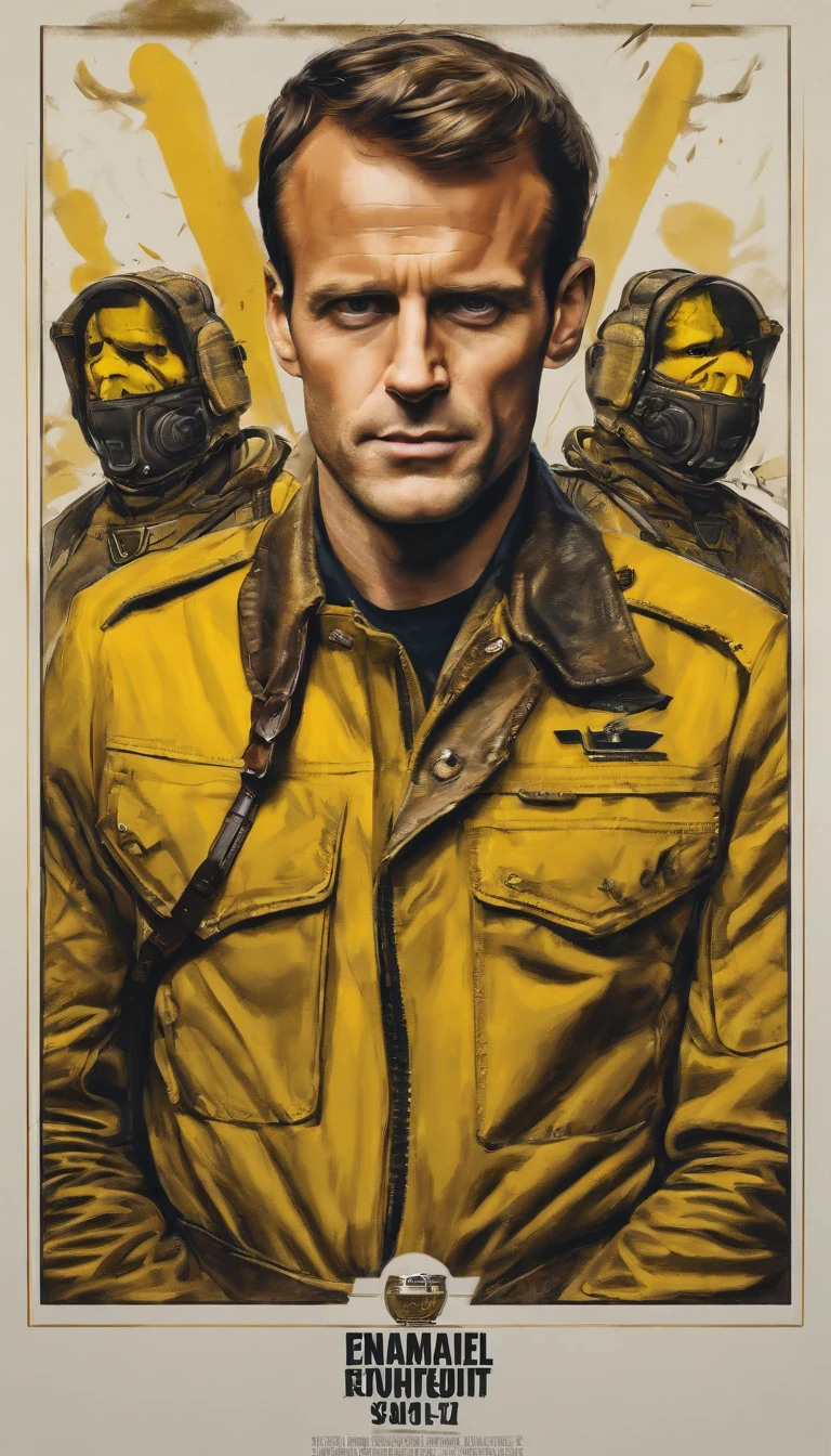A close-up of Emmanuel Macron, surrounded by a swarm of yellow jackets, with an assault riffle in hand.