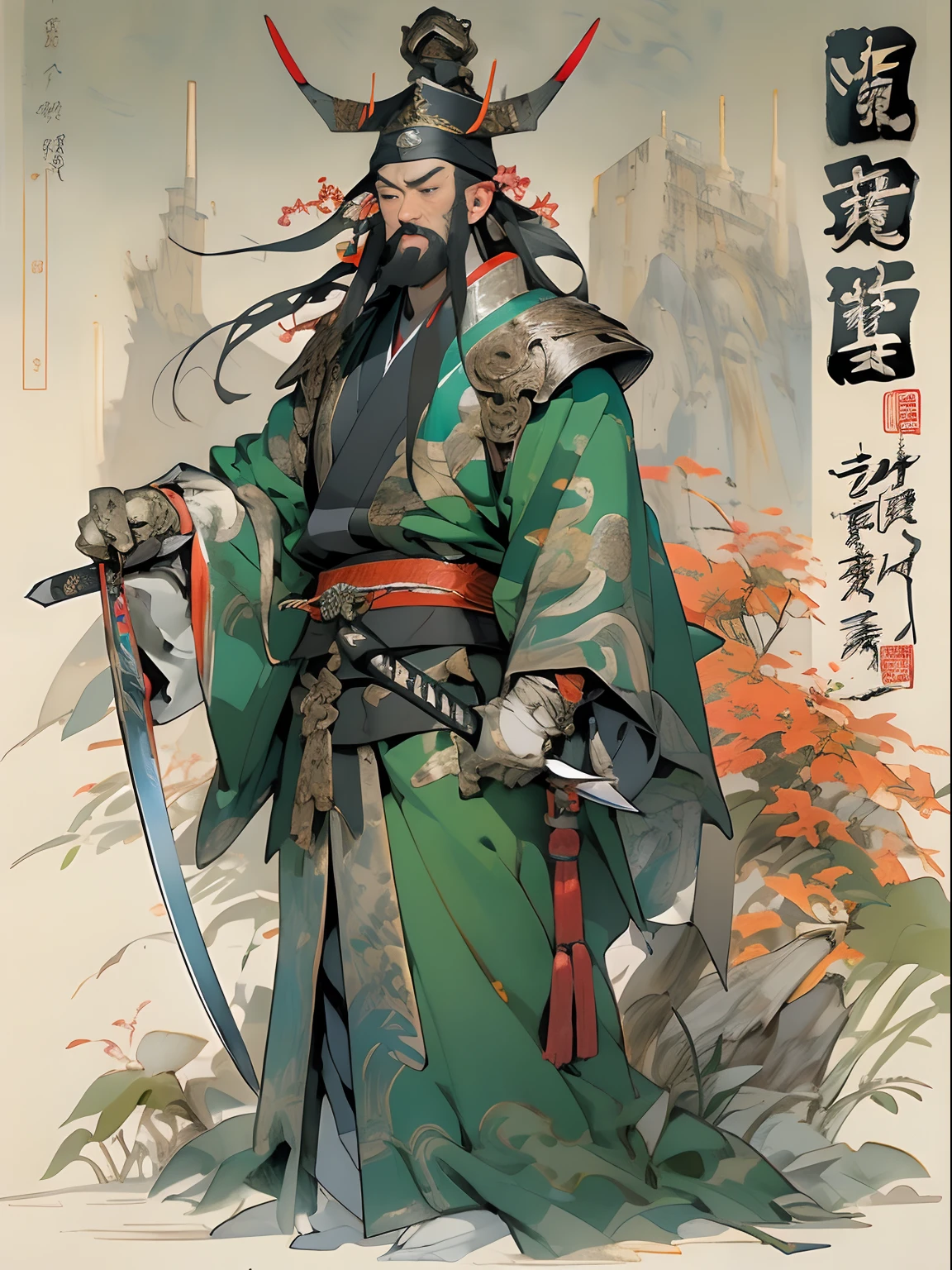 (((China-style,Ink painting method,Half-length portrait,Intense color,Han dynasty, China,Hanfu,Armor,Guan yu,Guan Yunchang,of a guy,Ruddy killing square face,Hold the Blue Dragon Moon Knife in his right hand,Stroke your beard with your left hand,Long hair,petty eyes,Green robe))), (((best qualityer))), (((tmasterpiece))), (((AS-Adult))), ((( Japanese ))), Look up from your knees, Handsome Asian samurai,perfect body figure, Modern samurai, ((( Asian))), Wear gloves on your hands,The left arm is made of steel and metal tips,Made of protective devices, The eyes are pulled, (( Appears below the chest )), (( Small dental floss )), Simon Bisley, Almost naked(Simon Bisley)Castle City Wilderness,For high-resolution posters, hair straight, Minimum clothing, armure (Crazy clothes ), Full of tips and rivets, tribal tattoos, (((full bodyesbian))), Straight brunette hair,Colored hair ends