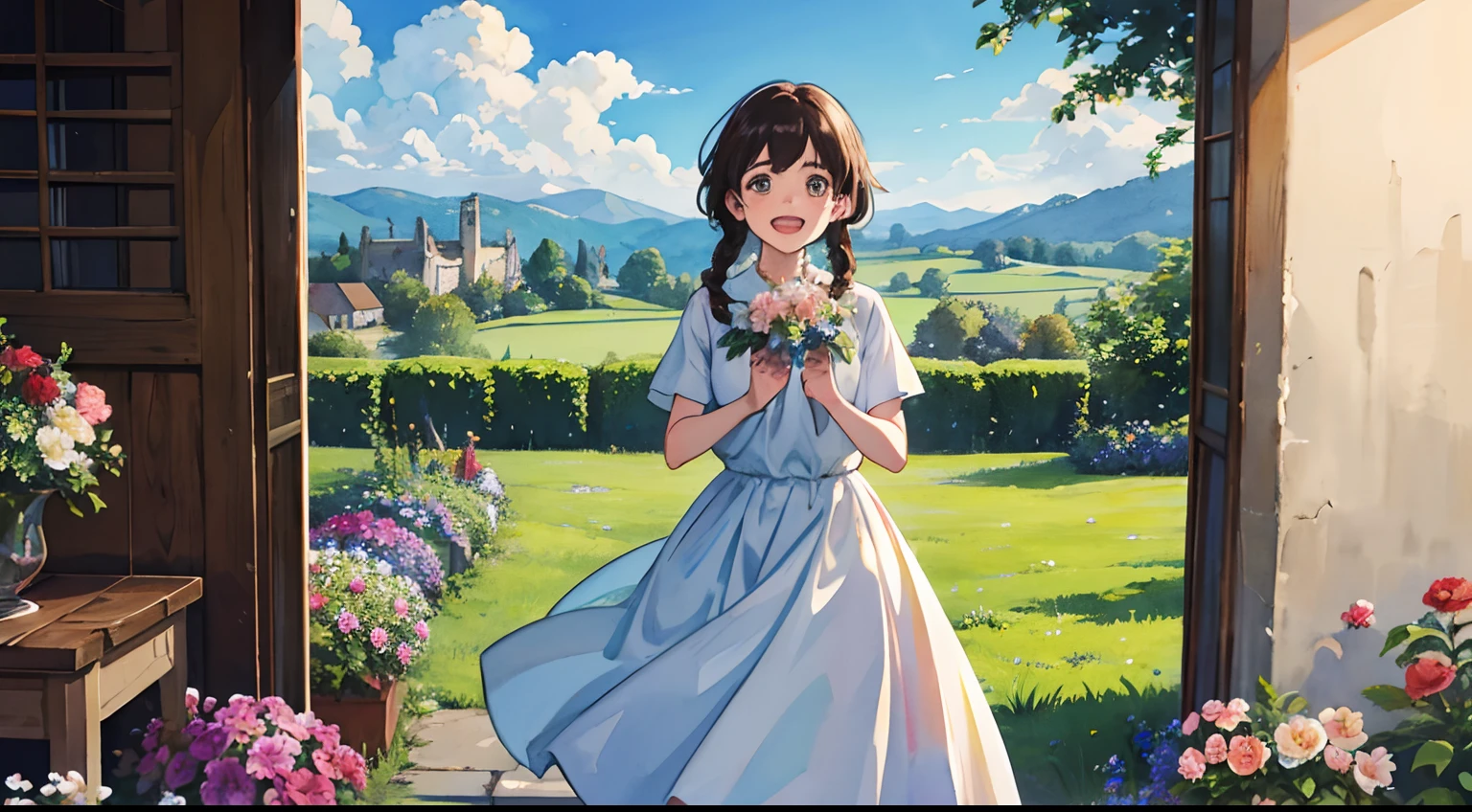 (Watercolor in Sargent style)、(top-quality、masterpiece)、Soft light、View of the Cotswolds,Old farmhouse、rivulets、flower bloom、One lady、dark brown hair、Braided hair、White blouse and long skirt、picnic、Sing happily alone on the hill、Stand like an opera、Open your mouth and open your hands、holding a bouquet of flowers in your hands、