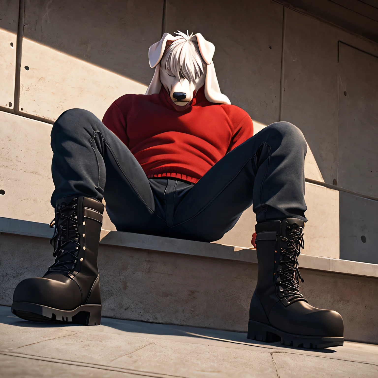 extreme low angle, zoom lens, smirking attractive male white dog with long white floppy ears, white hair covering eyes, wearing red sweater, black jeans and large black work boots, sitting down on concrete, camera between feet, boots close to camera, 8k, film grain, semi realistic
