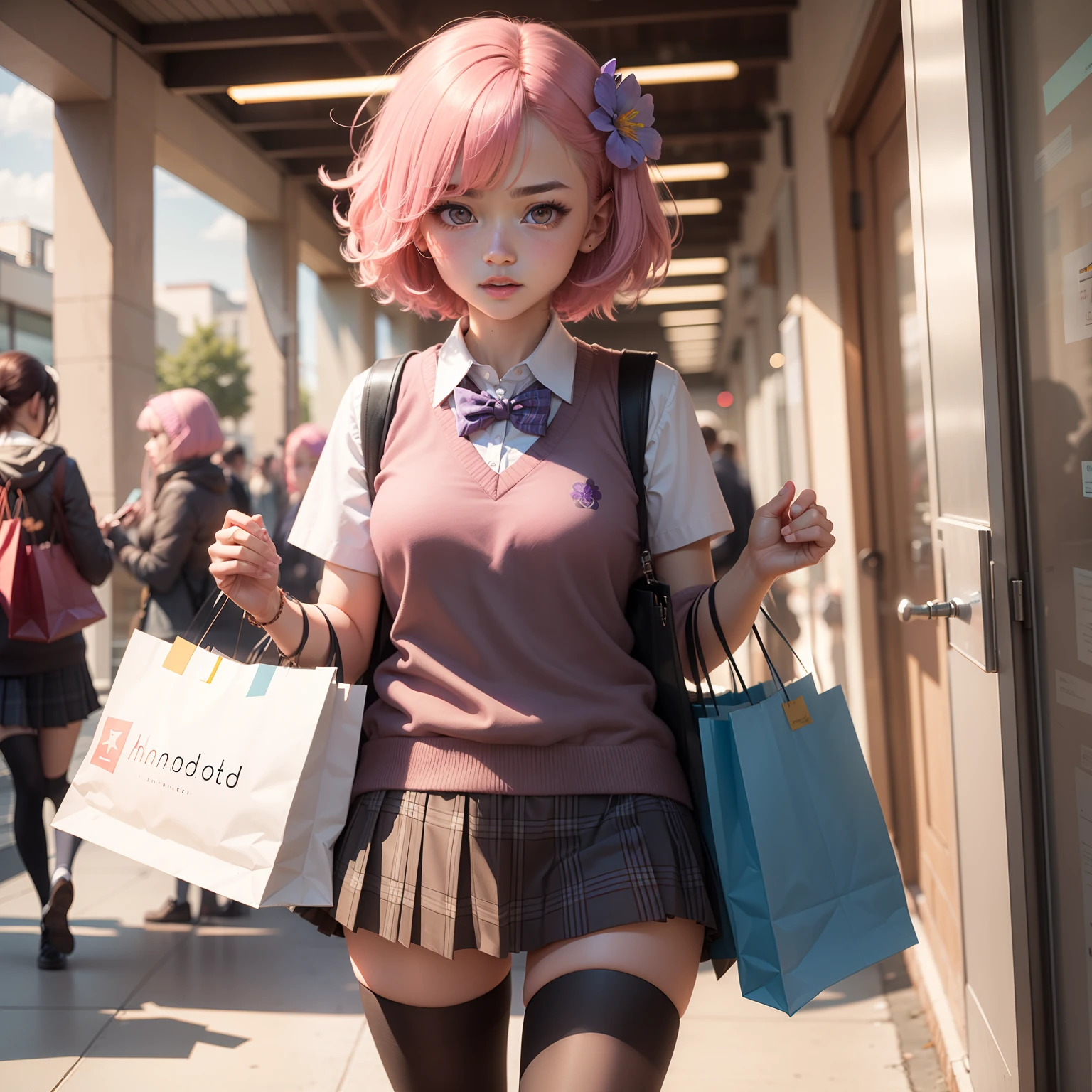 shopping,PH Momo, momohd, phmomo, Solo, 1girl in,  Pink hair, Purple eyes, Short hair, Hair Flower, Sweater Vest, School uniform, Big eyes, plaid skirts, black thighhighs,embarrassed